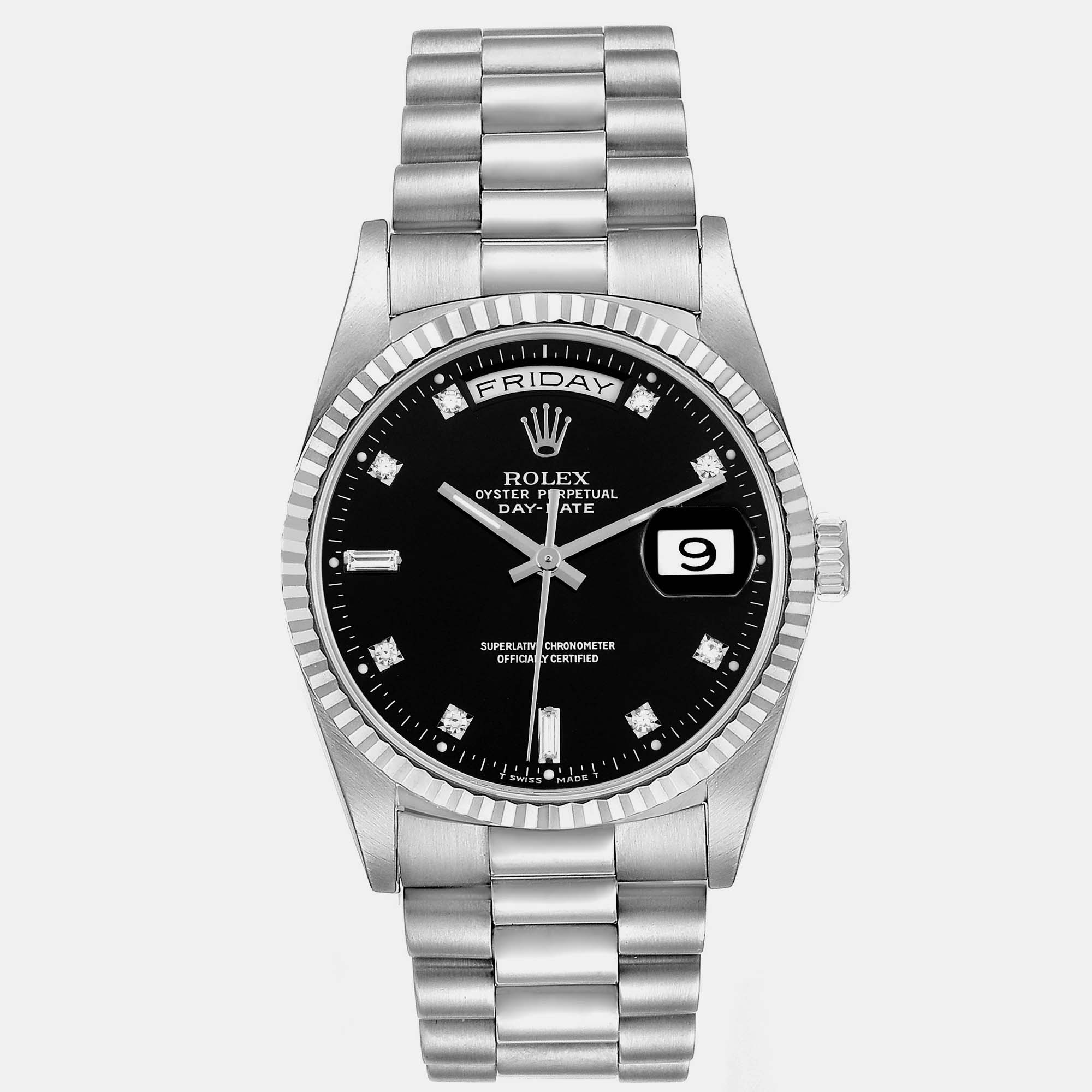 

Rolex President Day-Date White Gold Black Diamond Dial Men's Watch 18239 36 mm