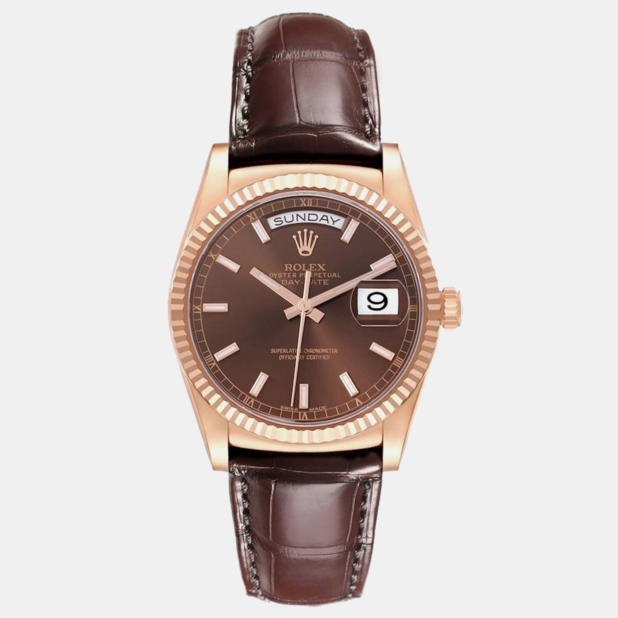 

Rolex President Day-Date Rose Gold Chocolate Dial Mens Watch 118135, Brown