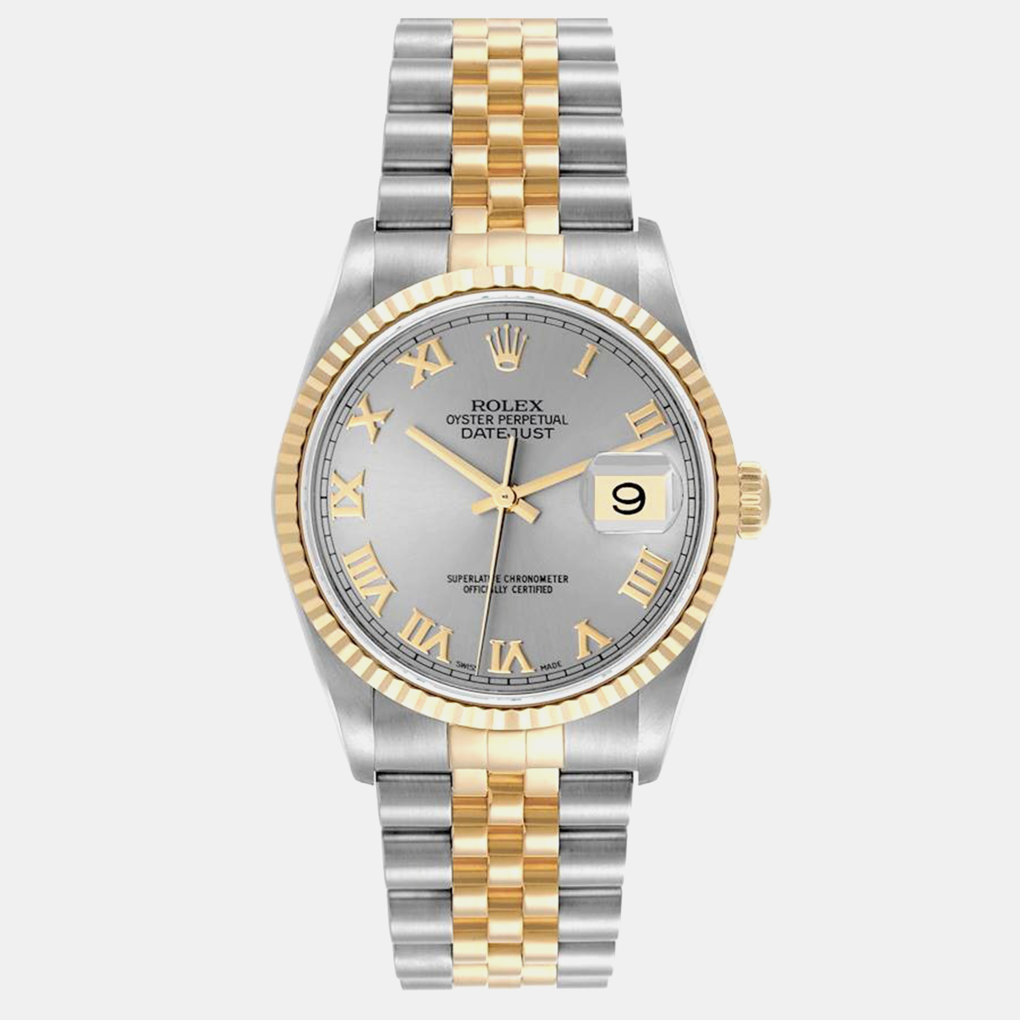 

Rolex Datejust Steel Yellow Gold Silver Roman Dial Men's Watch 36.0 mm, Grey