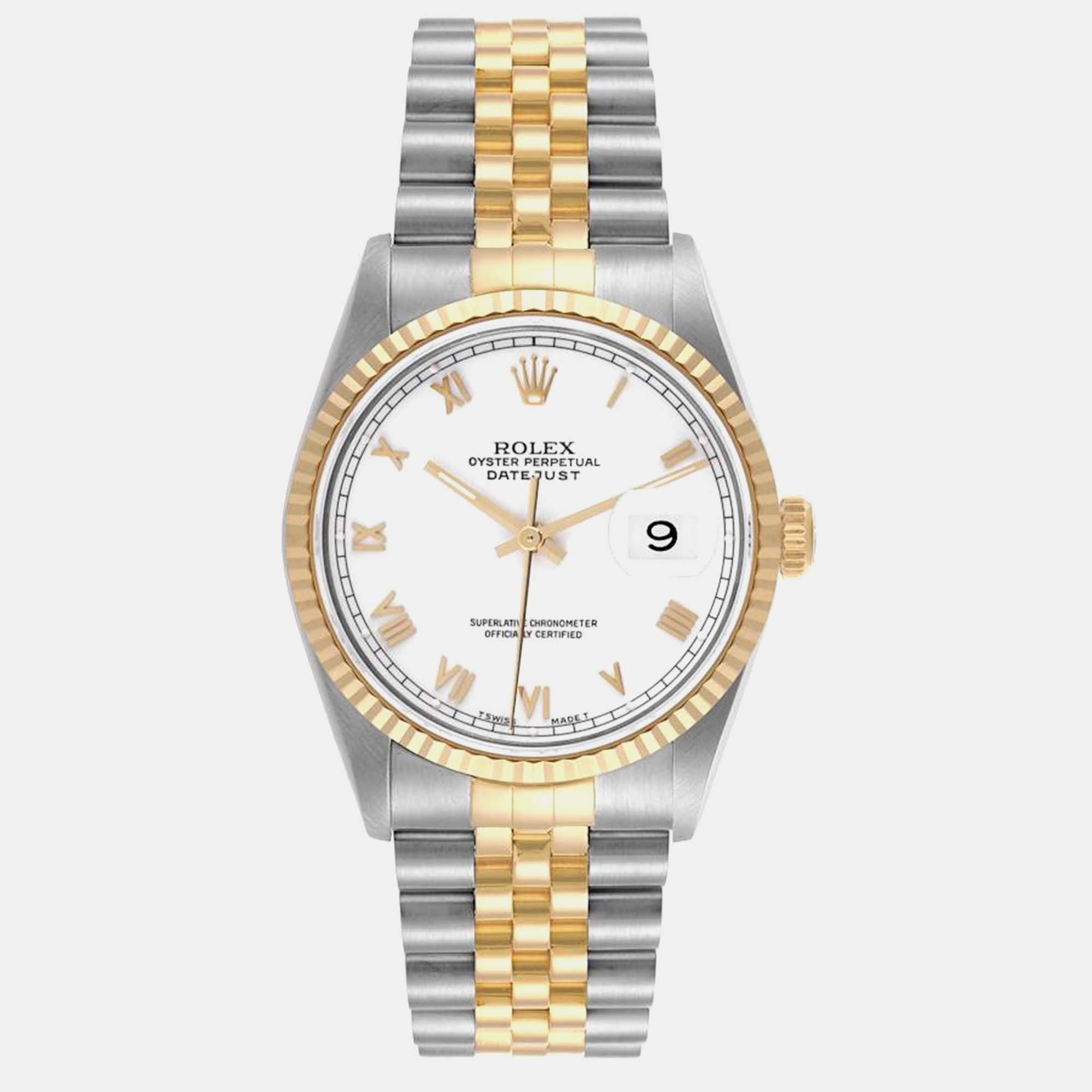 

Rolex Datejust White Roman Dial Steel Yellow Gold Mens Watch 16233