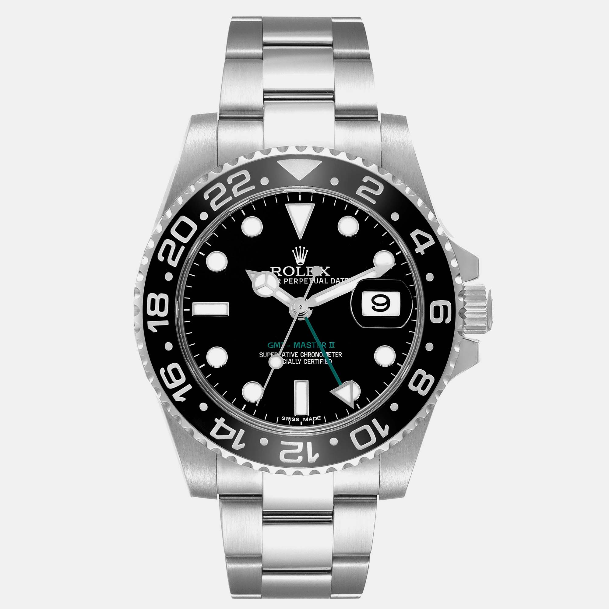 

Rolex GMT Master II Green Hand Black Dial Steel Mens Watch 116710