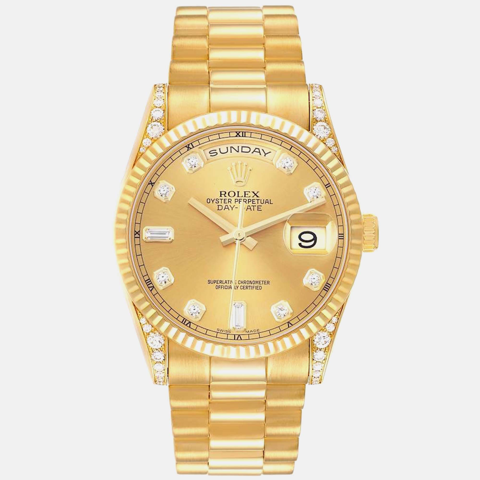 

Rolex President Day-Date Yellow Gold Diamond Lugs Men's Watch 118338 36 mm