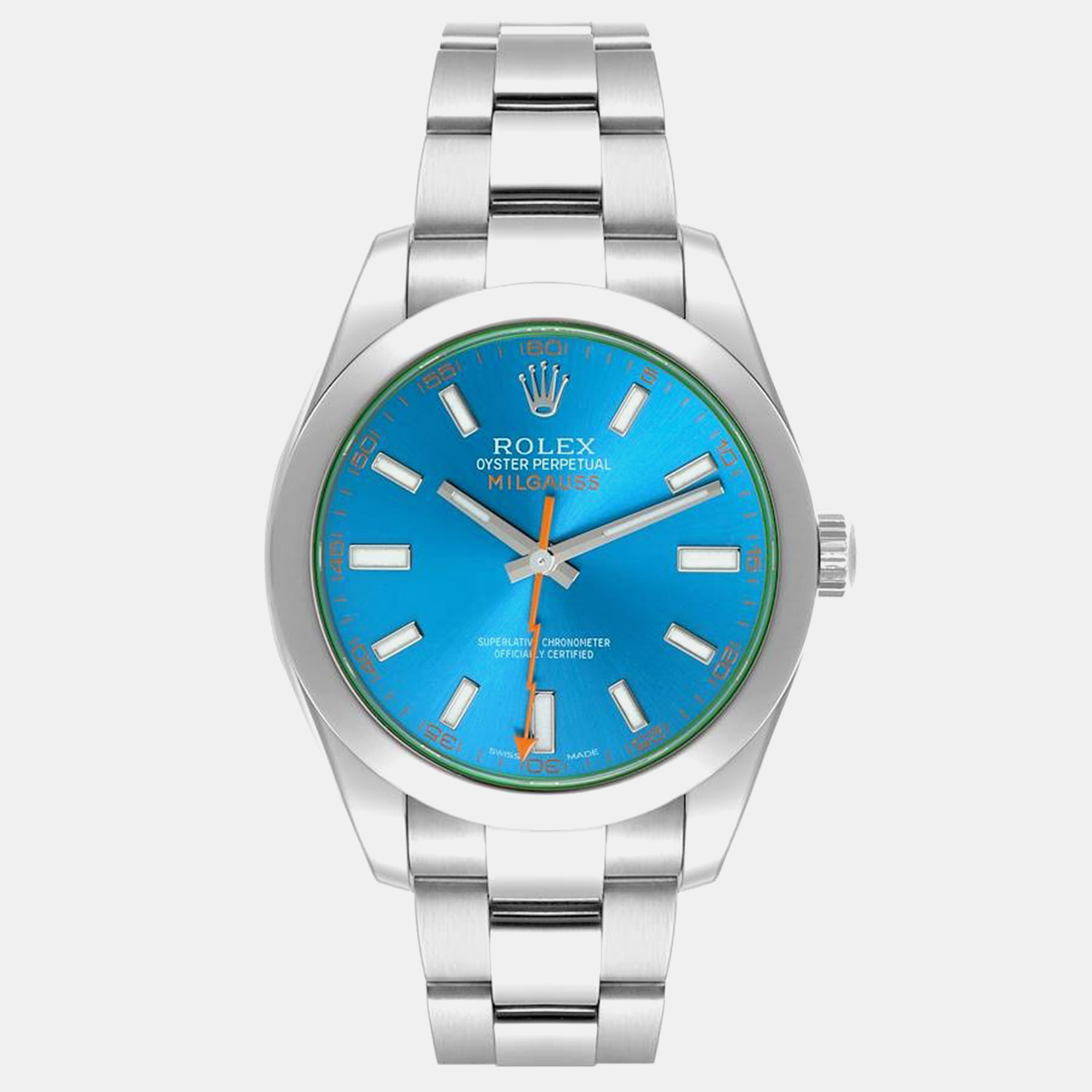 

Rolex Milgauss Blue Dial Green Crystal Steel Mens Watch 116400GV