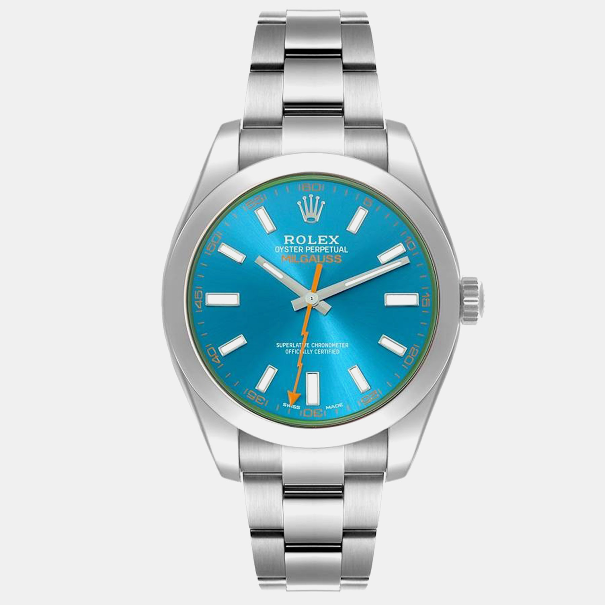 

Rolex Milgauss Blue Dial Green Crystal Steel Mens Watch 116400GV