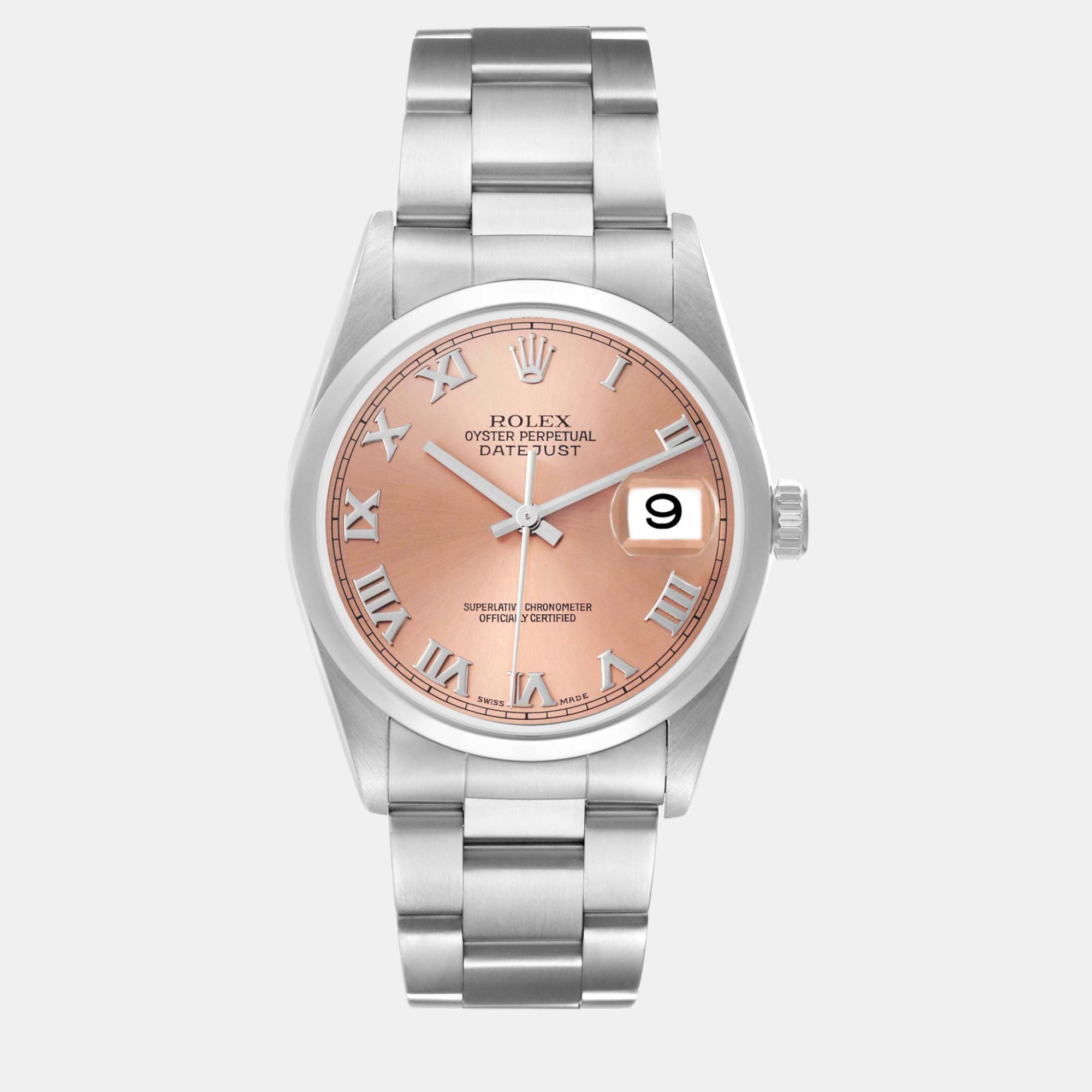 

Rolex Datejust Salmon Roman Dial Steel Watch 16200 36 mm, Pink