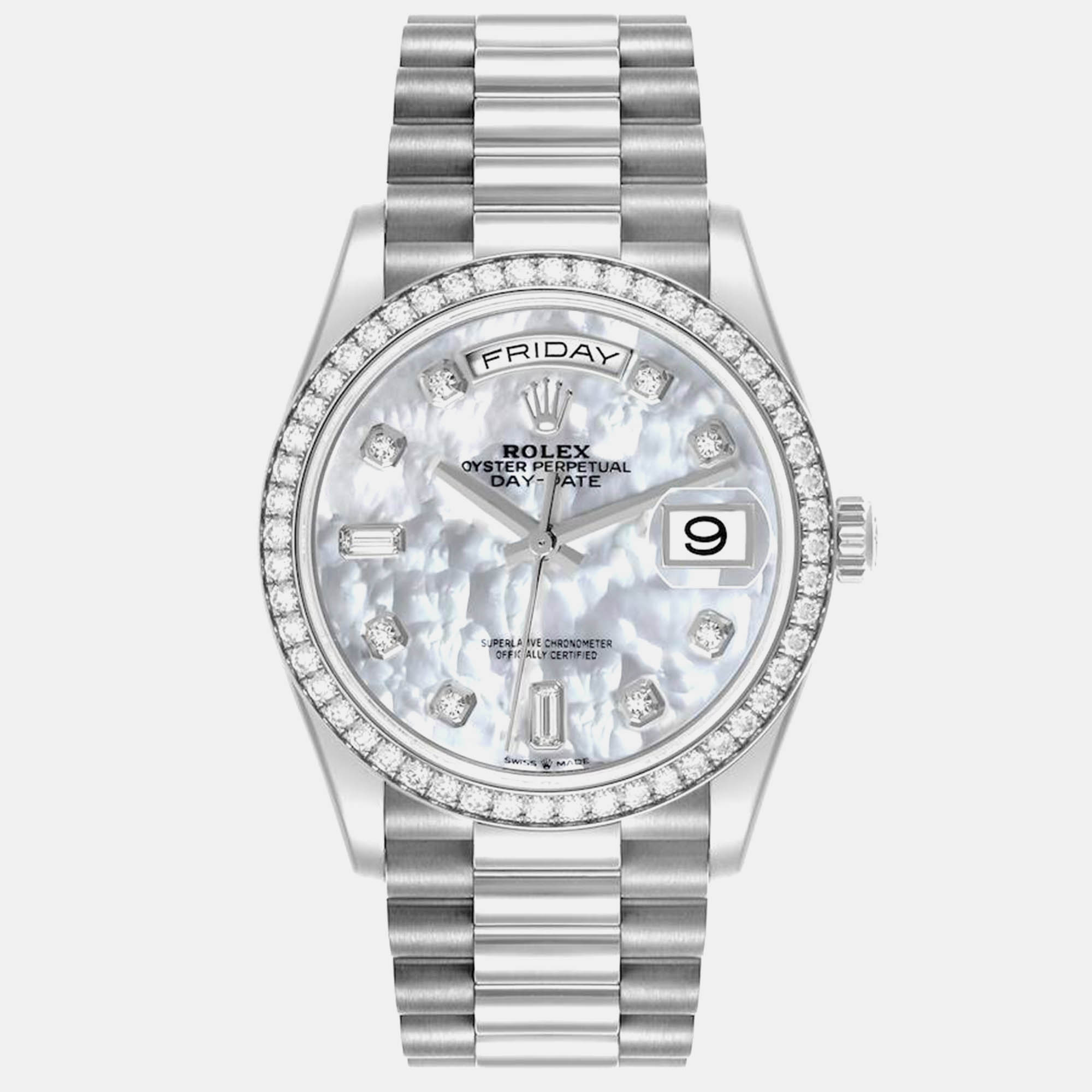 

Rolex President Day-Date 36 White Gold MOP Diamond Mens Watch 128349, Silver