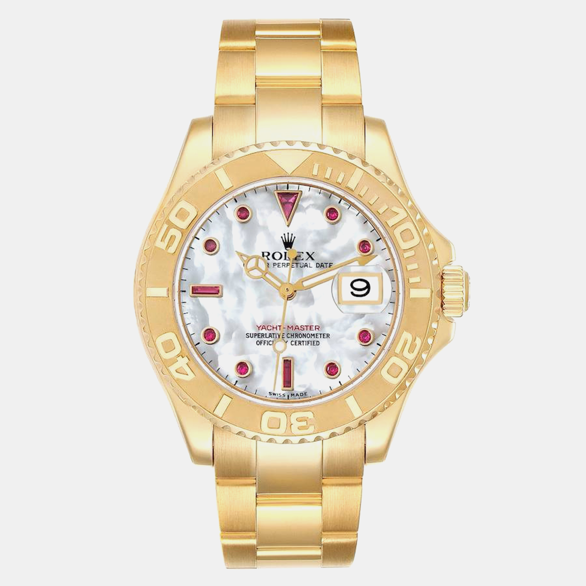 

Rolex Yachtmaster Yellow Gold Mother of Pearl Ruby Serti Men's Watch 16628 40 mm, Silver