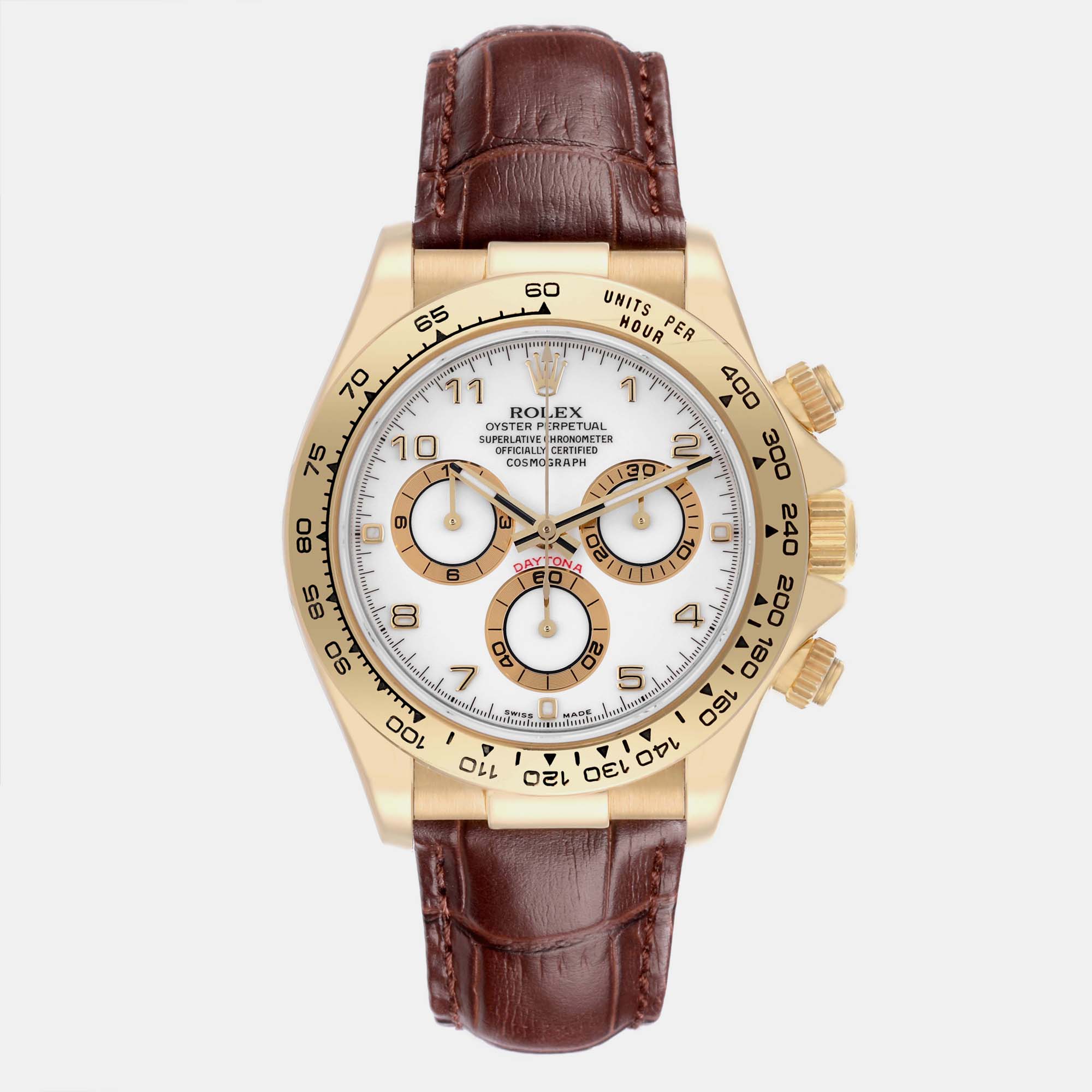 

Rolex Daytona Yellow Gold White Dial Brown Strap Mens Watch 116518