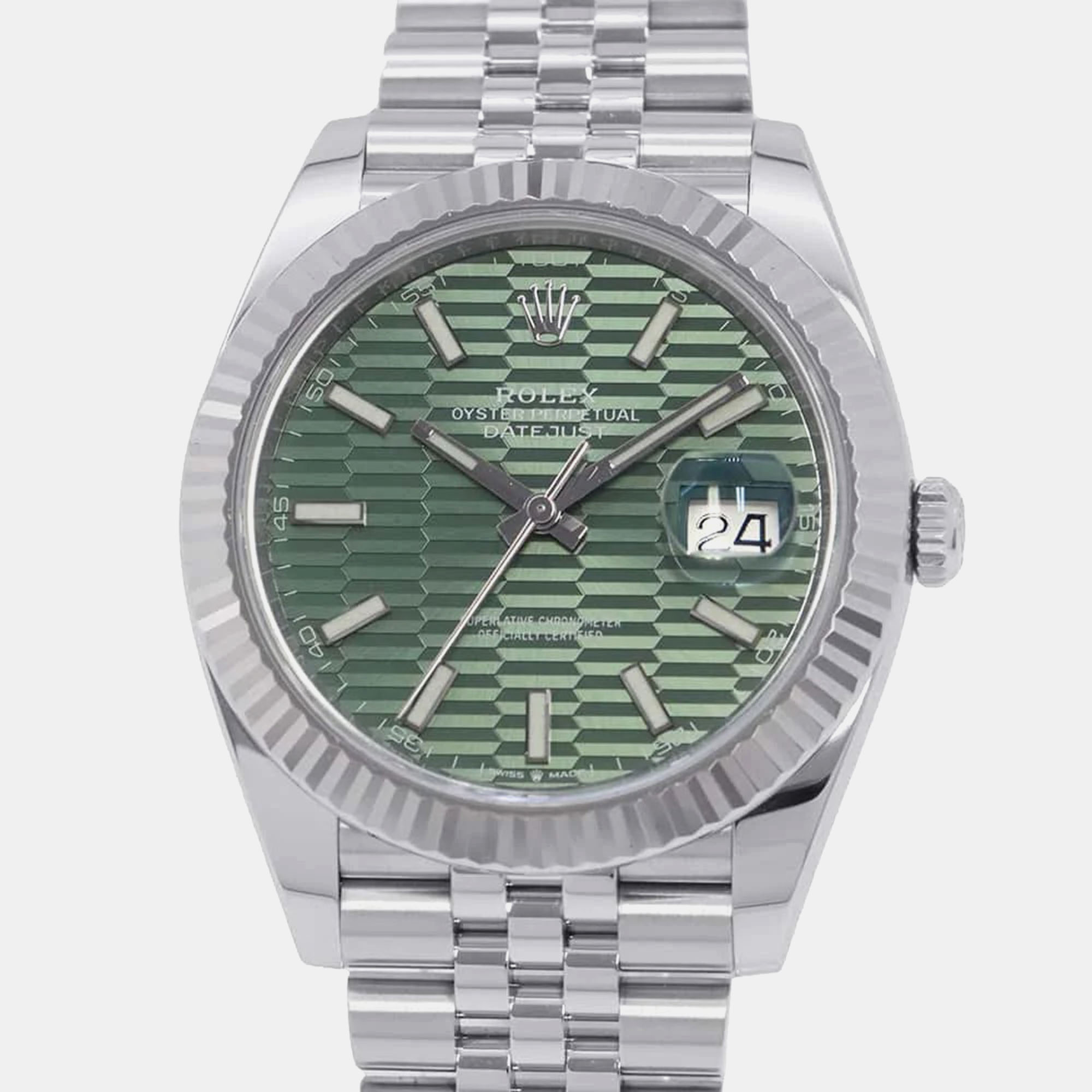 

Rolex Green 18k White Gold Stainless Steel Datejust 126334 Automatic Men's Wristwatch 41 mm