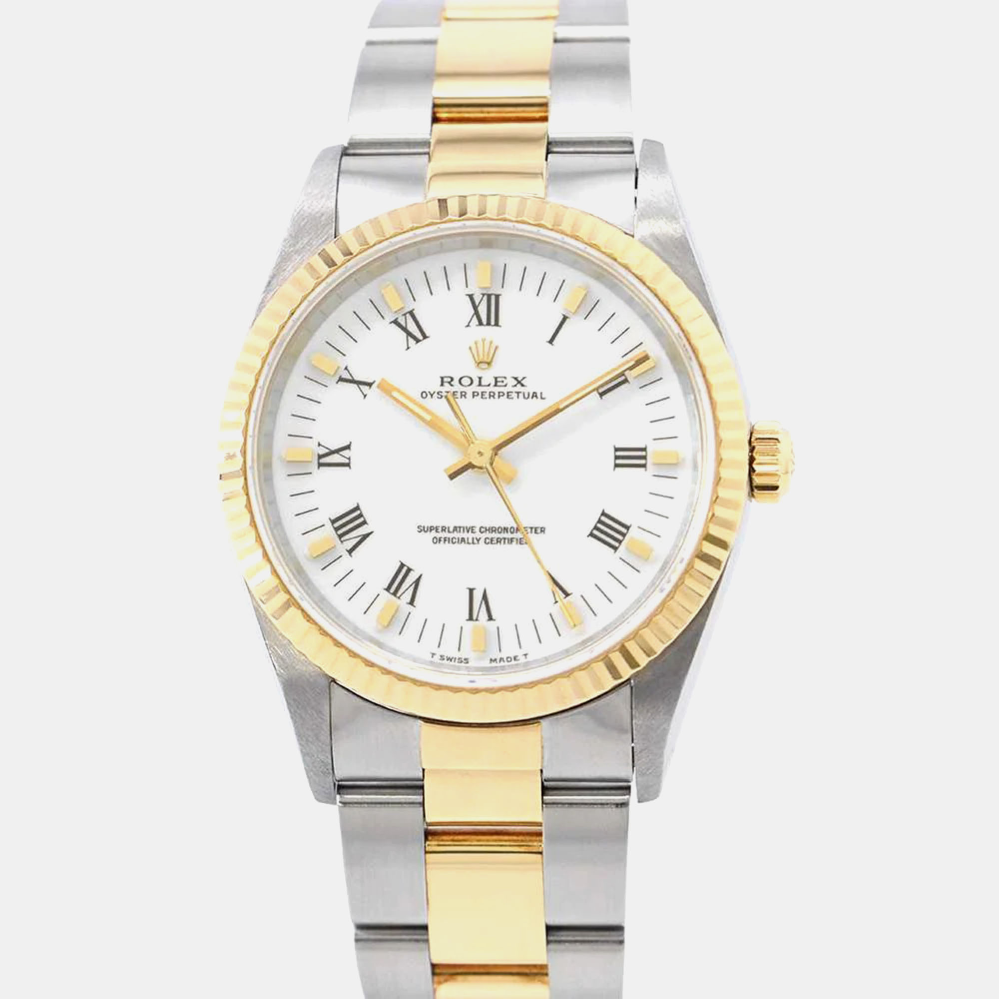 

Rolex White 18K Yellow Gold Stainless Steel Oyster Perpetual 14233 Automatic Men's Wristwatch 34 mm