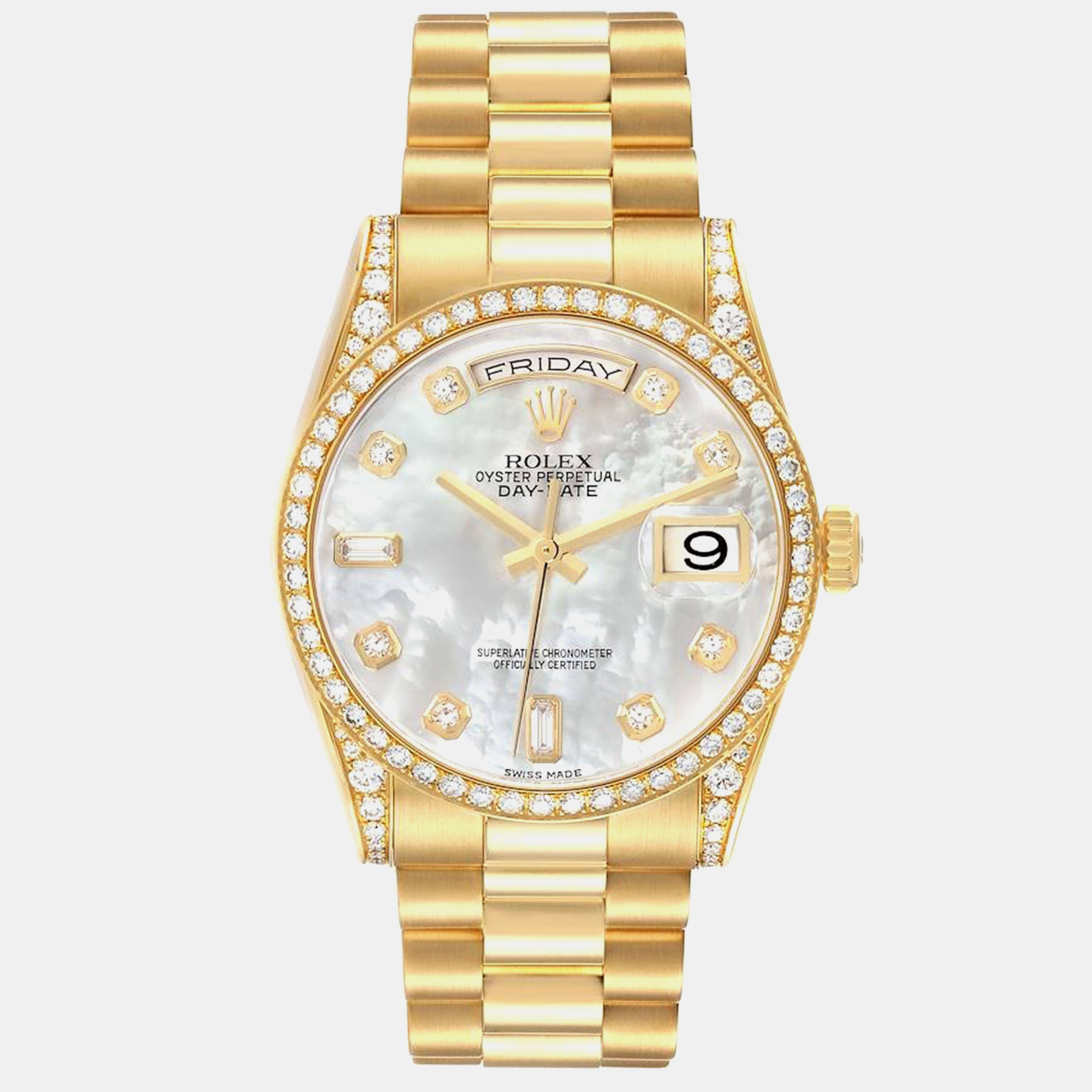 

Rolex President Day-Date Yellow Gold Diamond Mother Of Pearl Mens Watch 118388, White