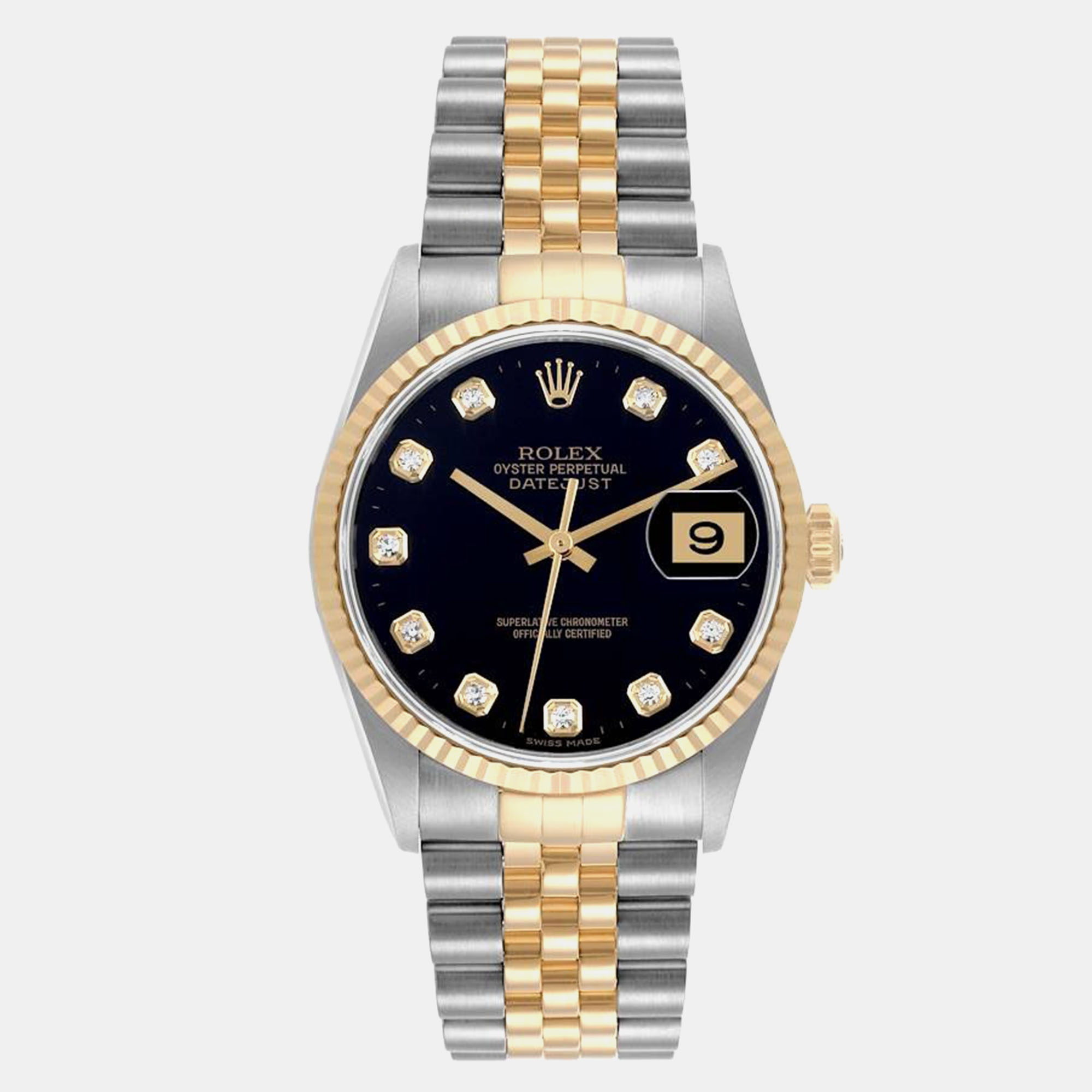 

Rolex Datejust Steel Yellow Gold Black Diamond Dial Mens Watch 16233