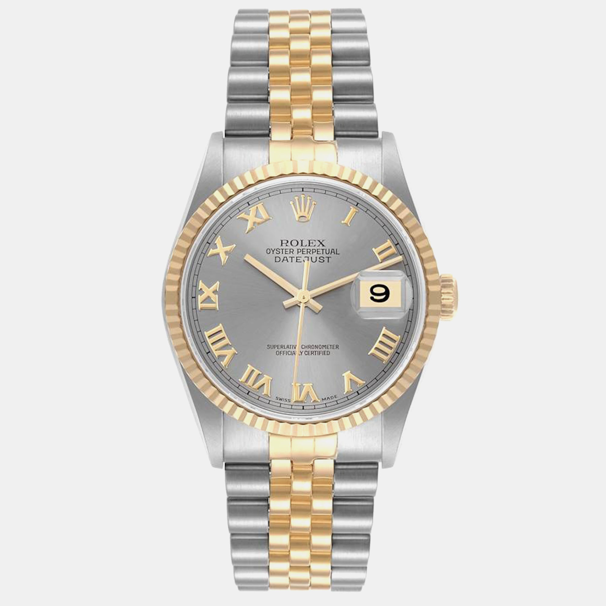 

Rolex Datejust Steel Yellow Gold Silver Roman Dial Mens Watch 16233, Grey