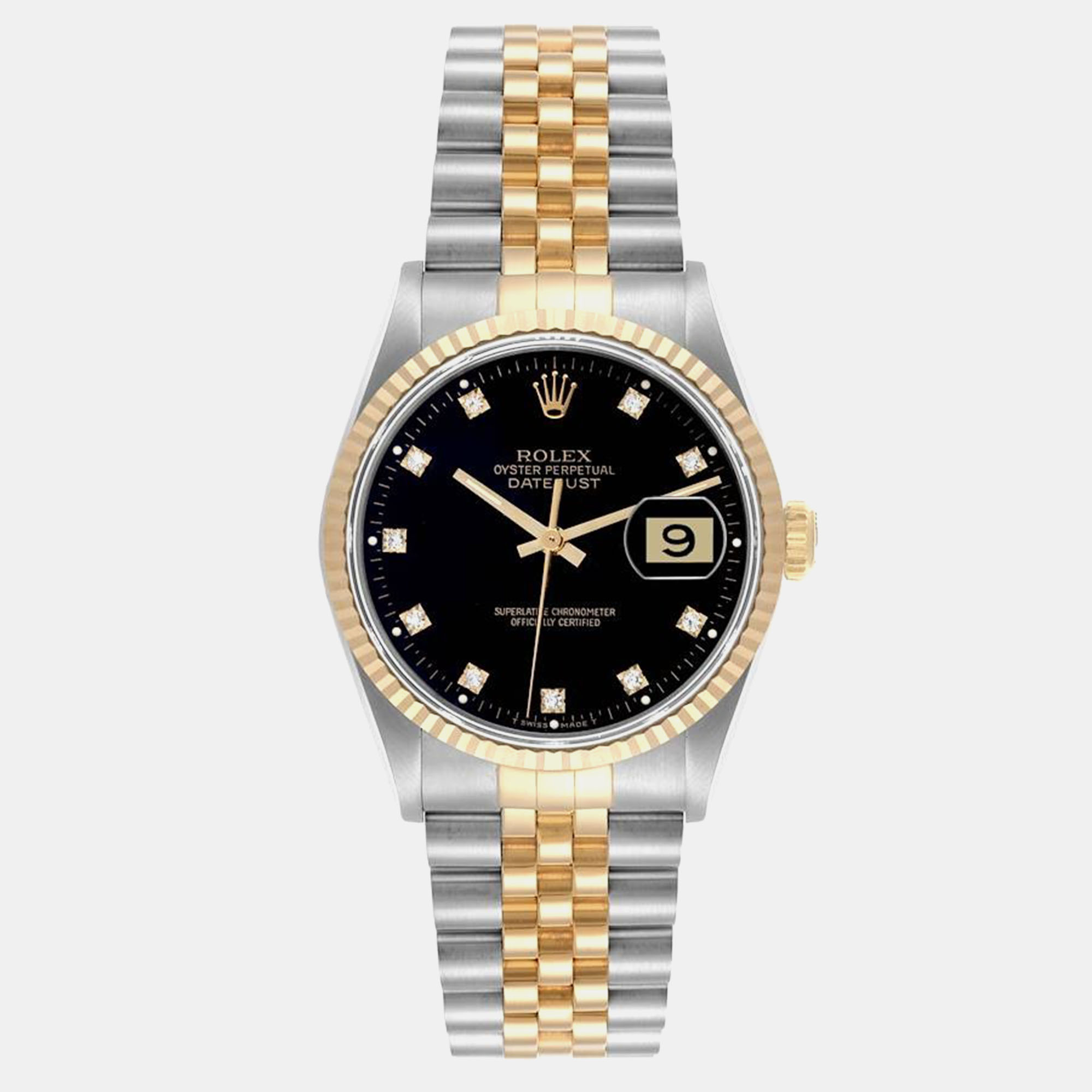 

Rolex Datejust Steel Yellow Gold Black Diamond Dial Mens Watch 16233