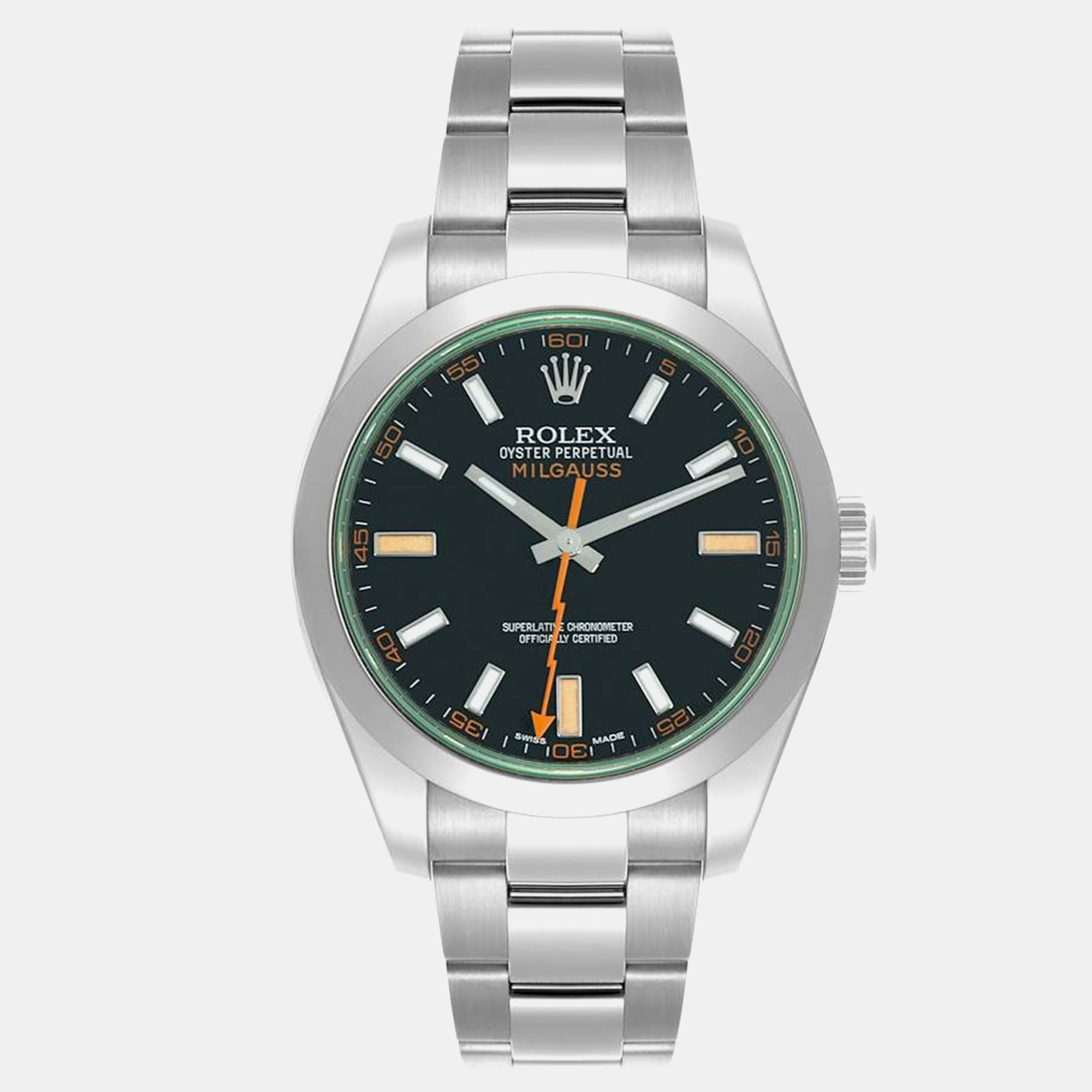 

Rolex Milgauss  Black Dial Green Crystal Steel Mens Watch 116400