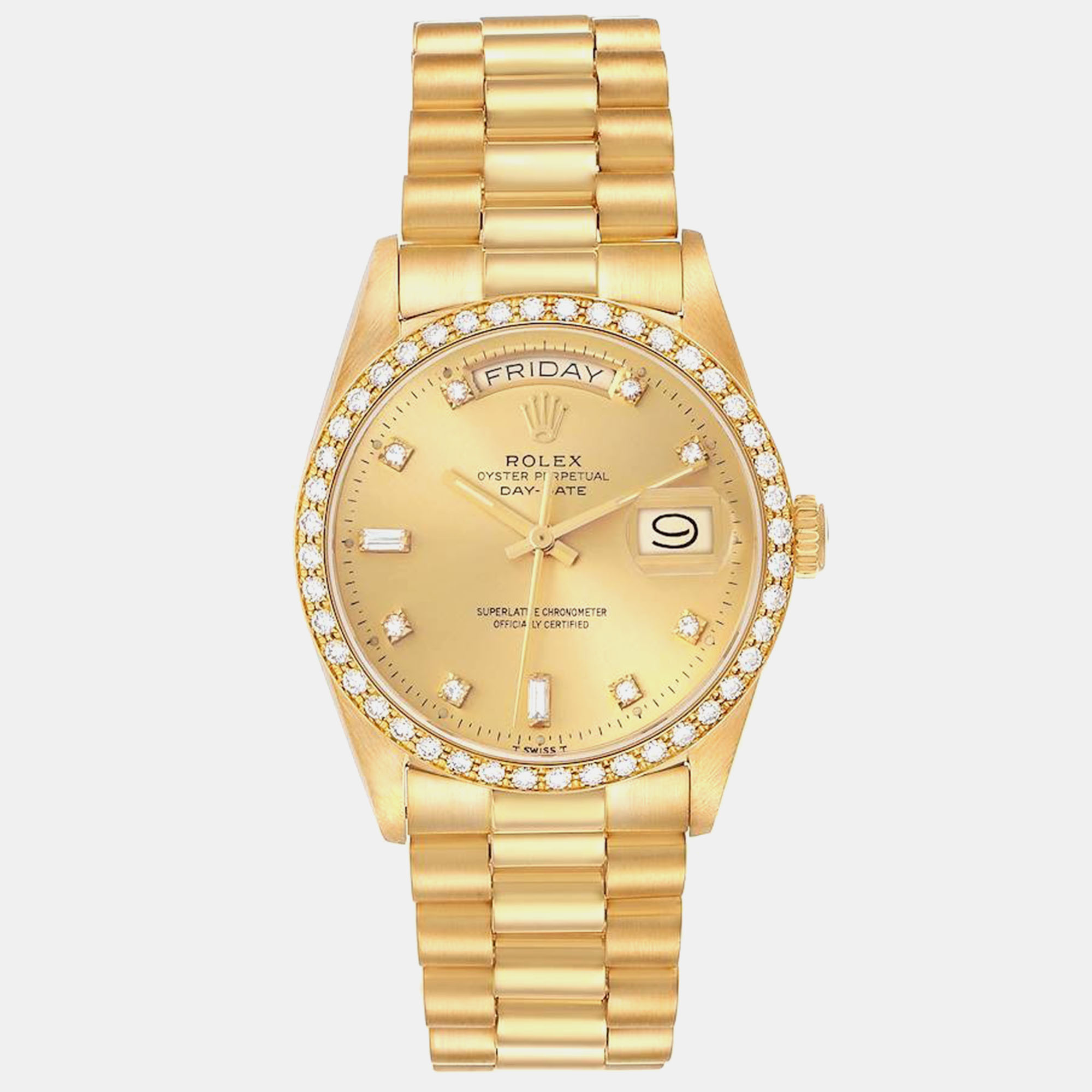 

Rolex President Day-Date Yellow Gold Diamond Bezel Mens Watch 18048