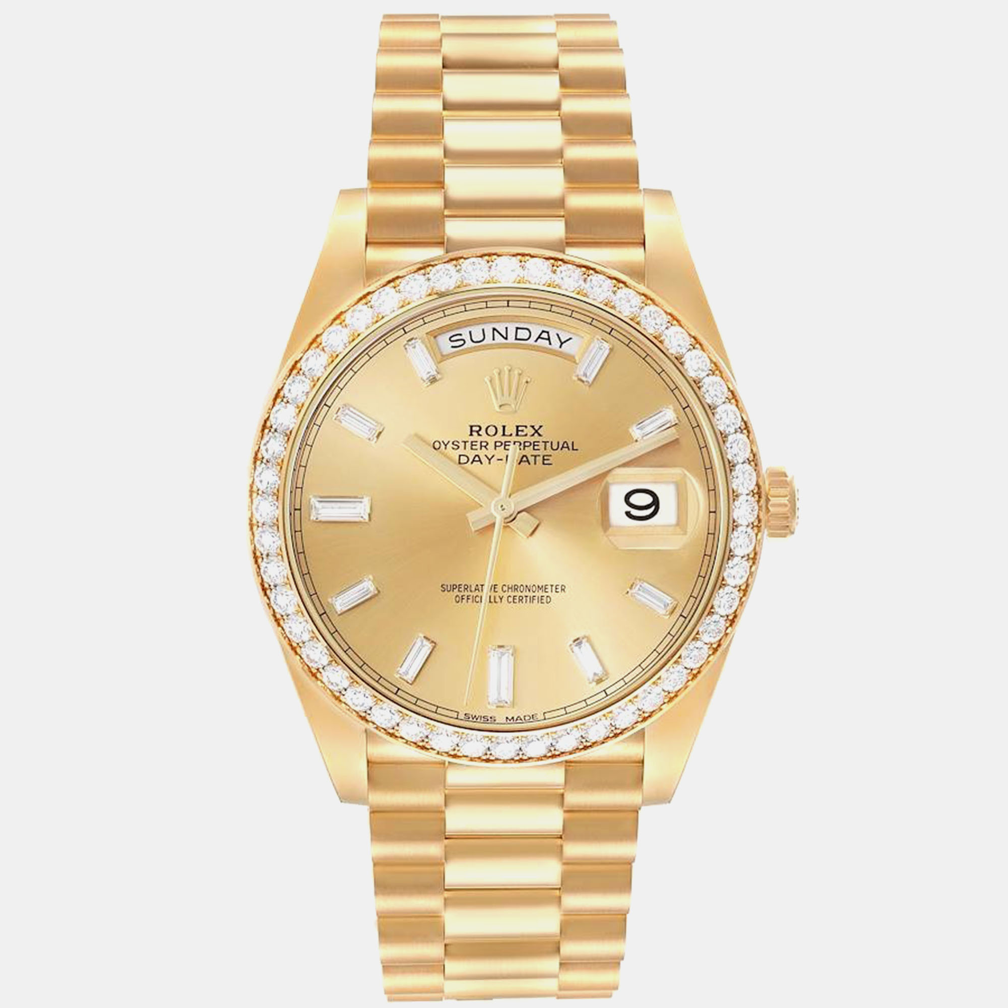 

Rolex Day-Date 40 President Yellow Gold Diamond Bezel Mens Watch 228348