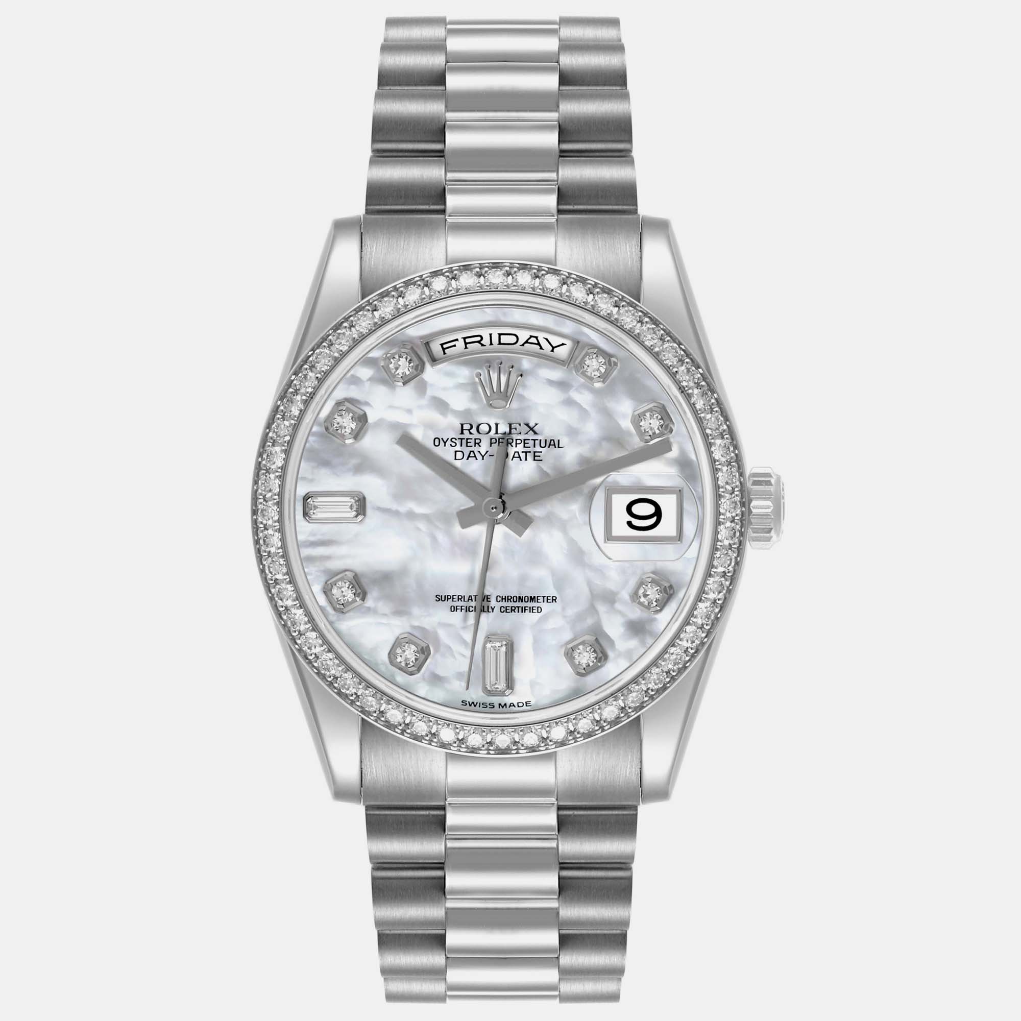 

Rolex President Day-Date Platinum Diamond Mother Of Pearl Dial Men's Watch 36.0 mm, White