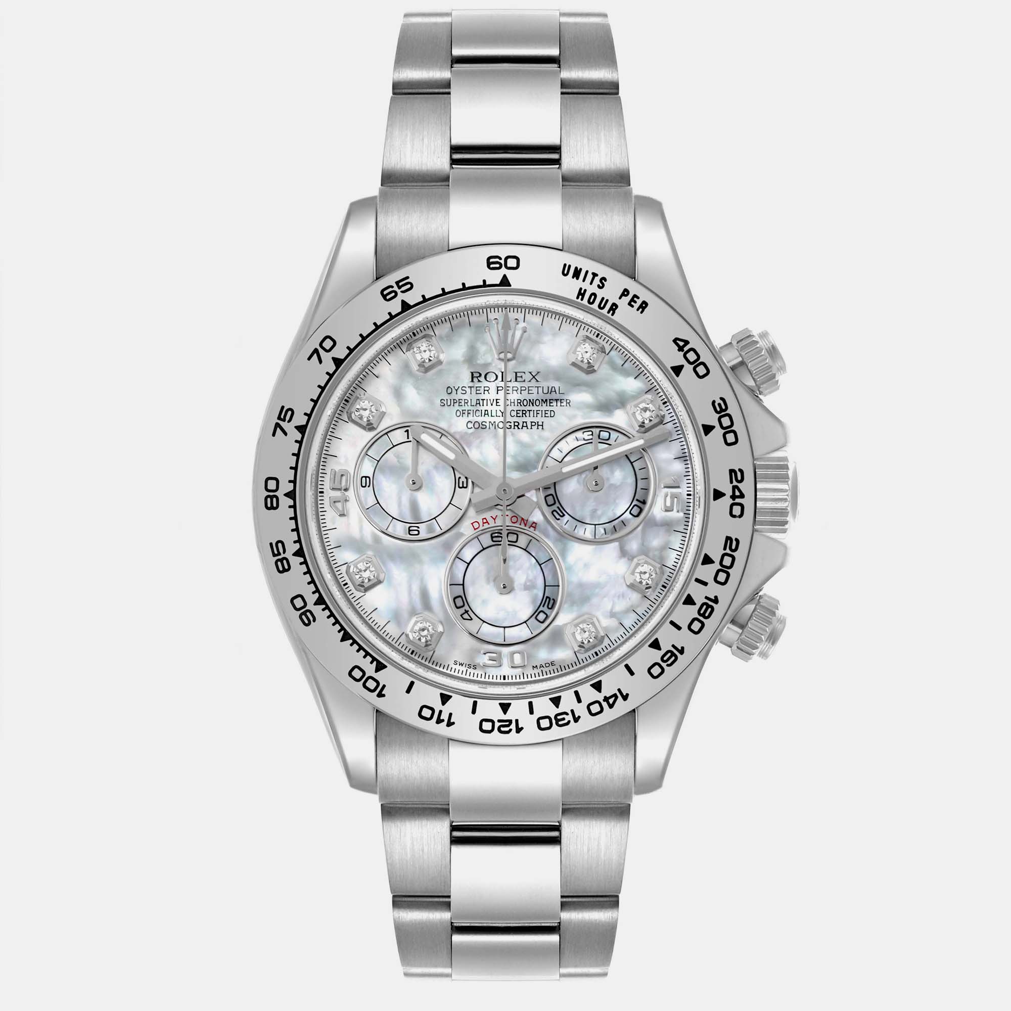 

Rolex Cosmograph Daytona White Gold Mother of Pearl Diamond Dial Men's Watch 116509 40 mm, Silver