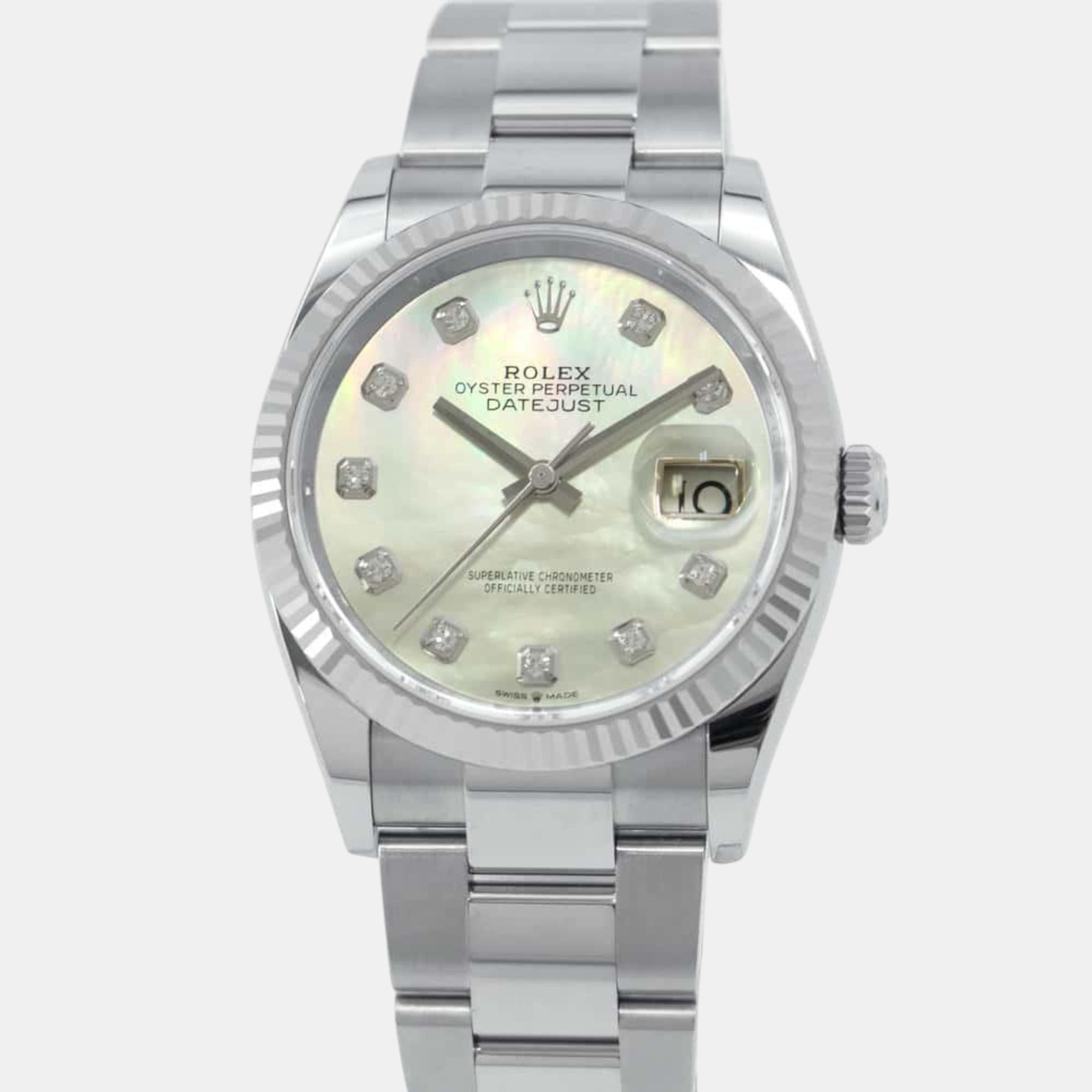 

Rolex MOP Diamond 18K White Gold Stainless Steel Datejust 126234NG Automatic Men's Wristwatch 36 mm, Silver