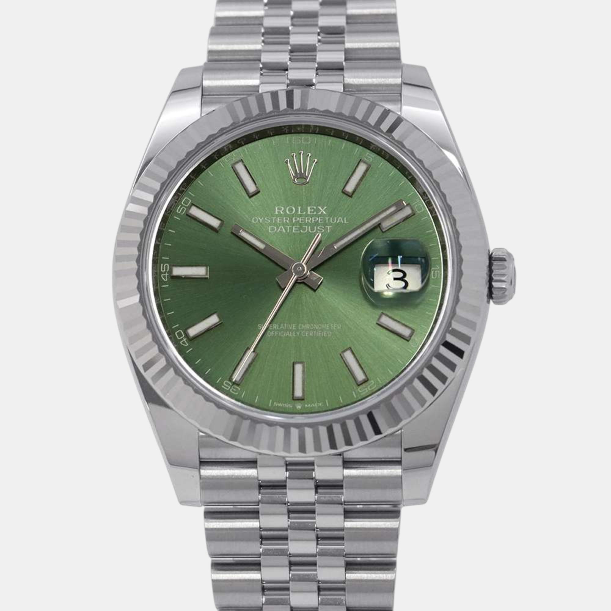 

Rolex Green 18k White Gold Stainless Steel Datejust 126334 Automatic Men's Wristwatch 41 mm