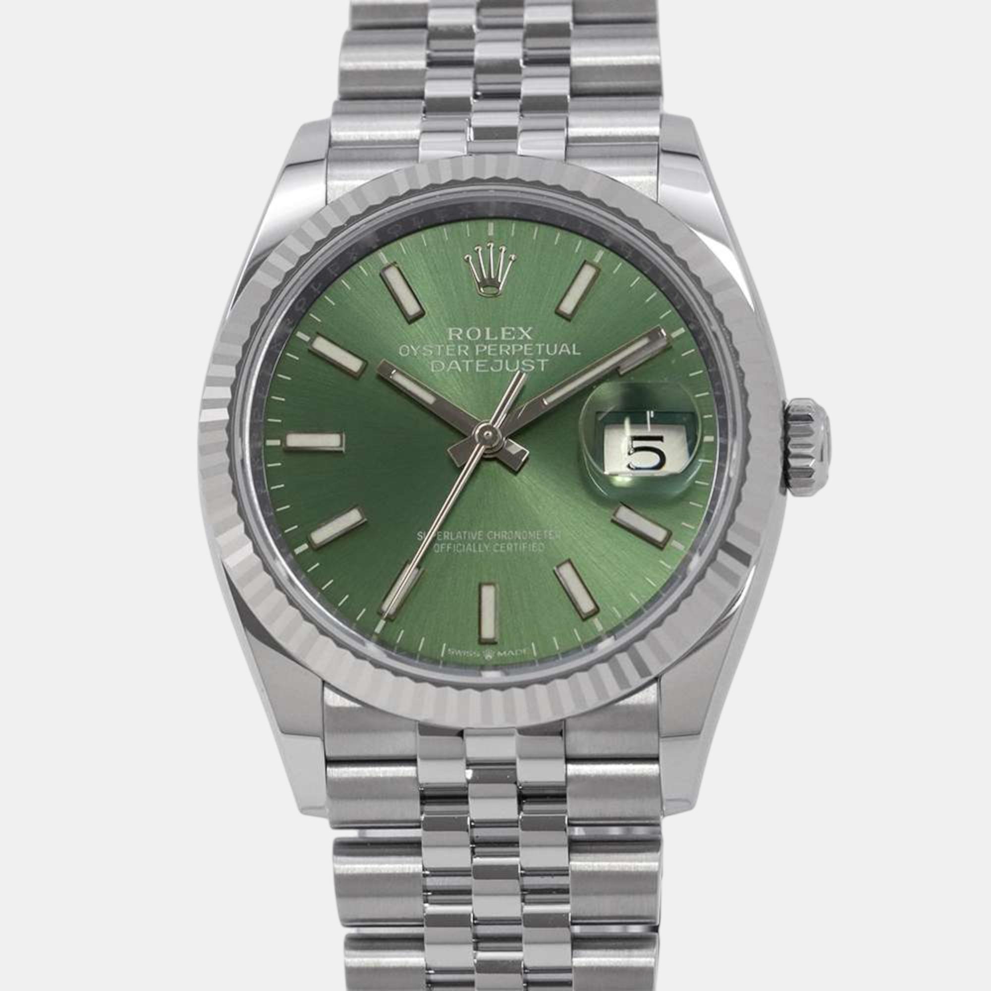 

Rolex Green 18k White Gold Stainless Steel Datejust 126234 Automatic Men's Wristwatch 36 mm