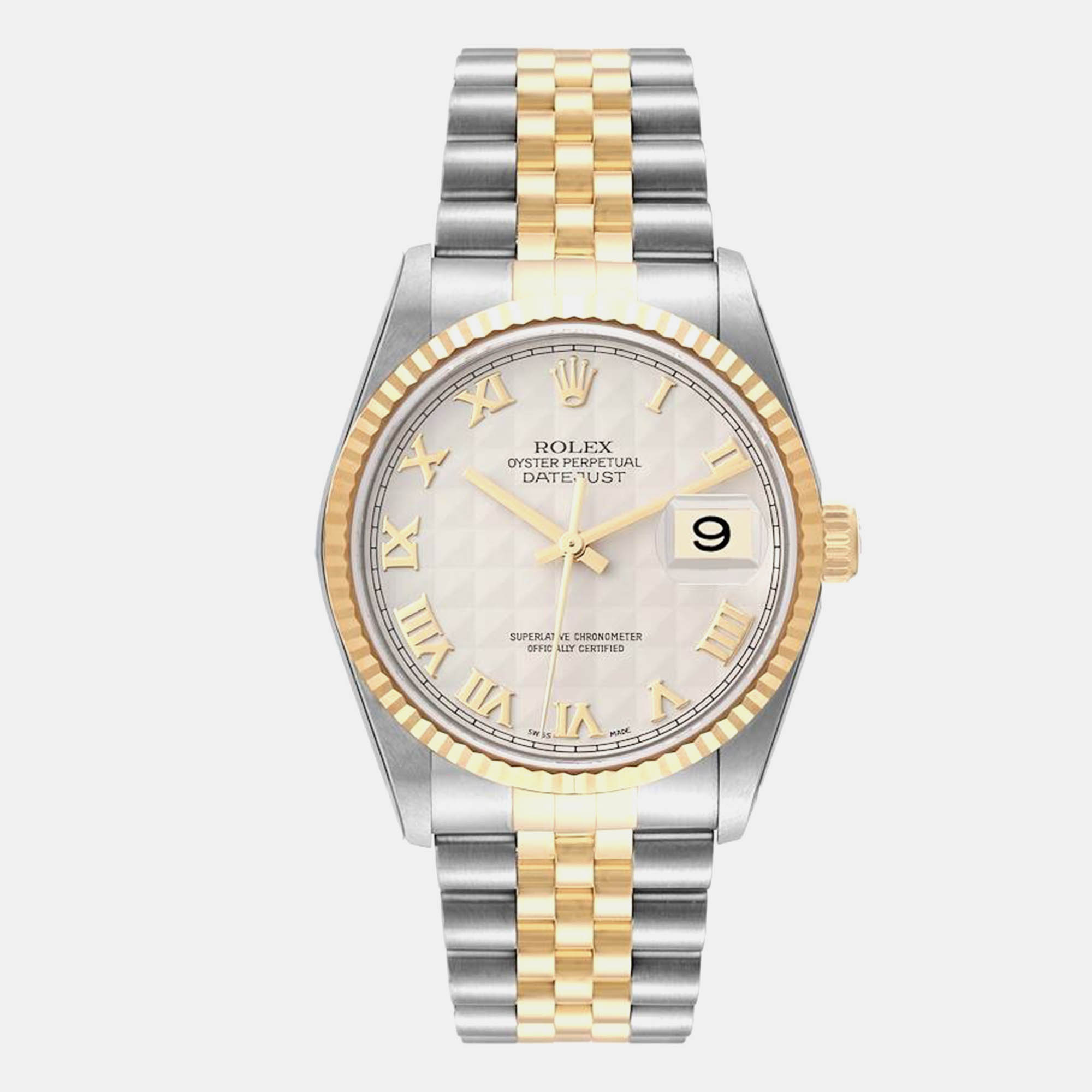 

Rolex Datejust Steel Yellow Gold Ivory Pyramid Dial Mens Watch 16233, Grey