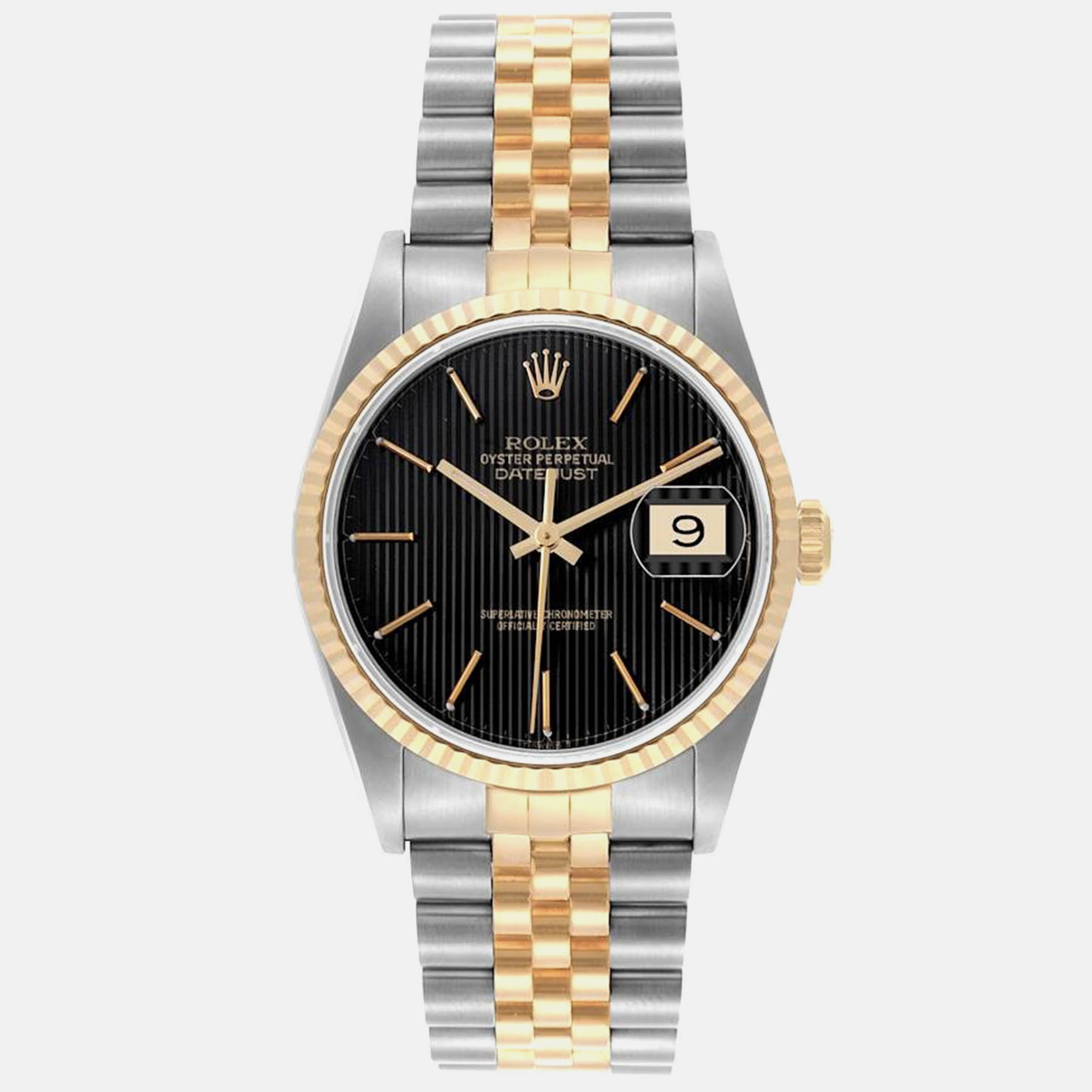 

Rolex Datejust 36 Steel Yellow Gold Black Tapestry Dial Mens Watch 16233