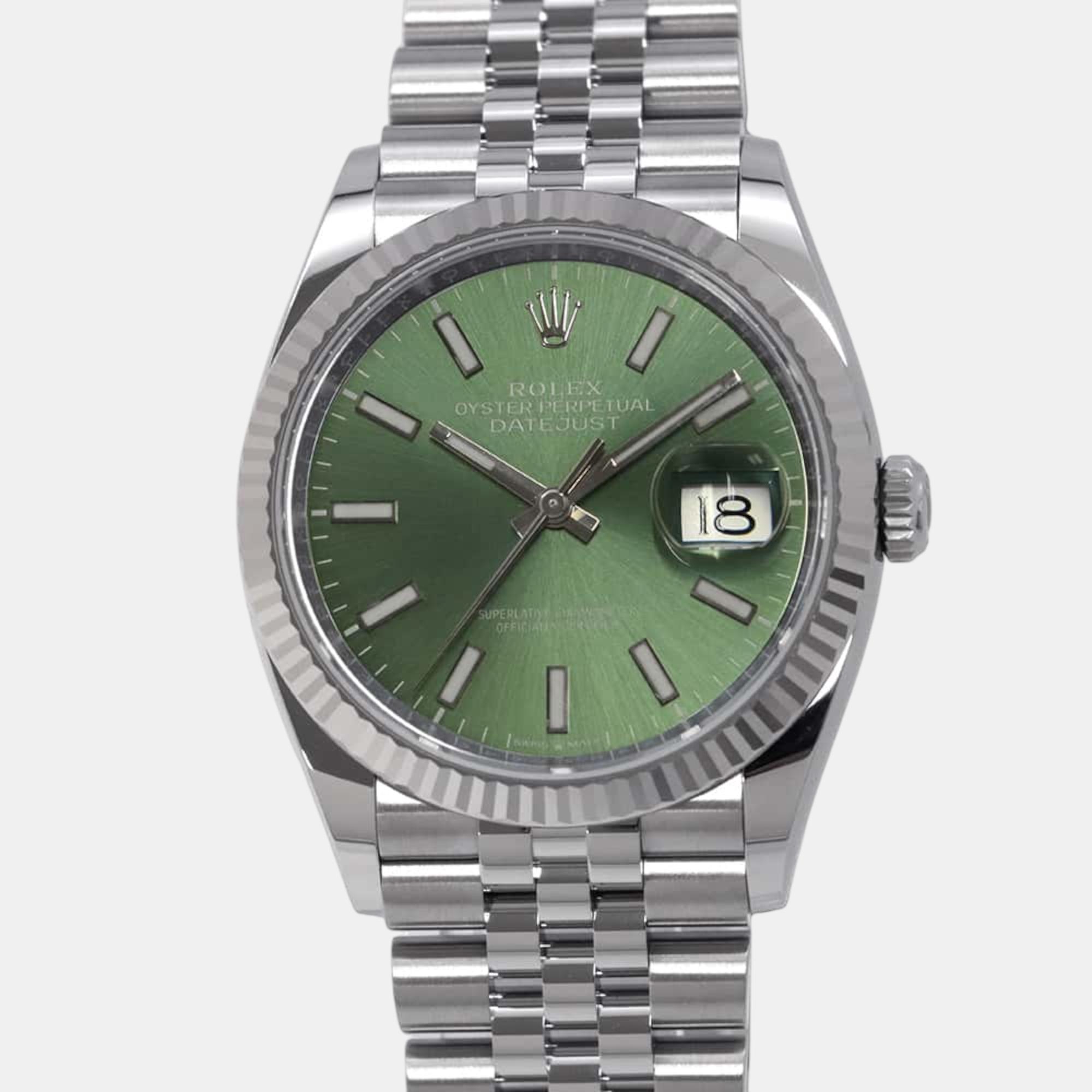 

Rolex Green 18k White Gold Stainless Steel Datejust 126234 Automatic Men's Wristwatch 36 mm