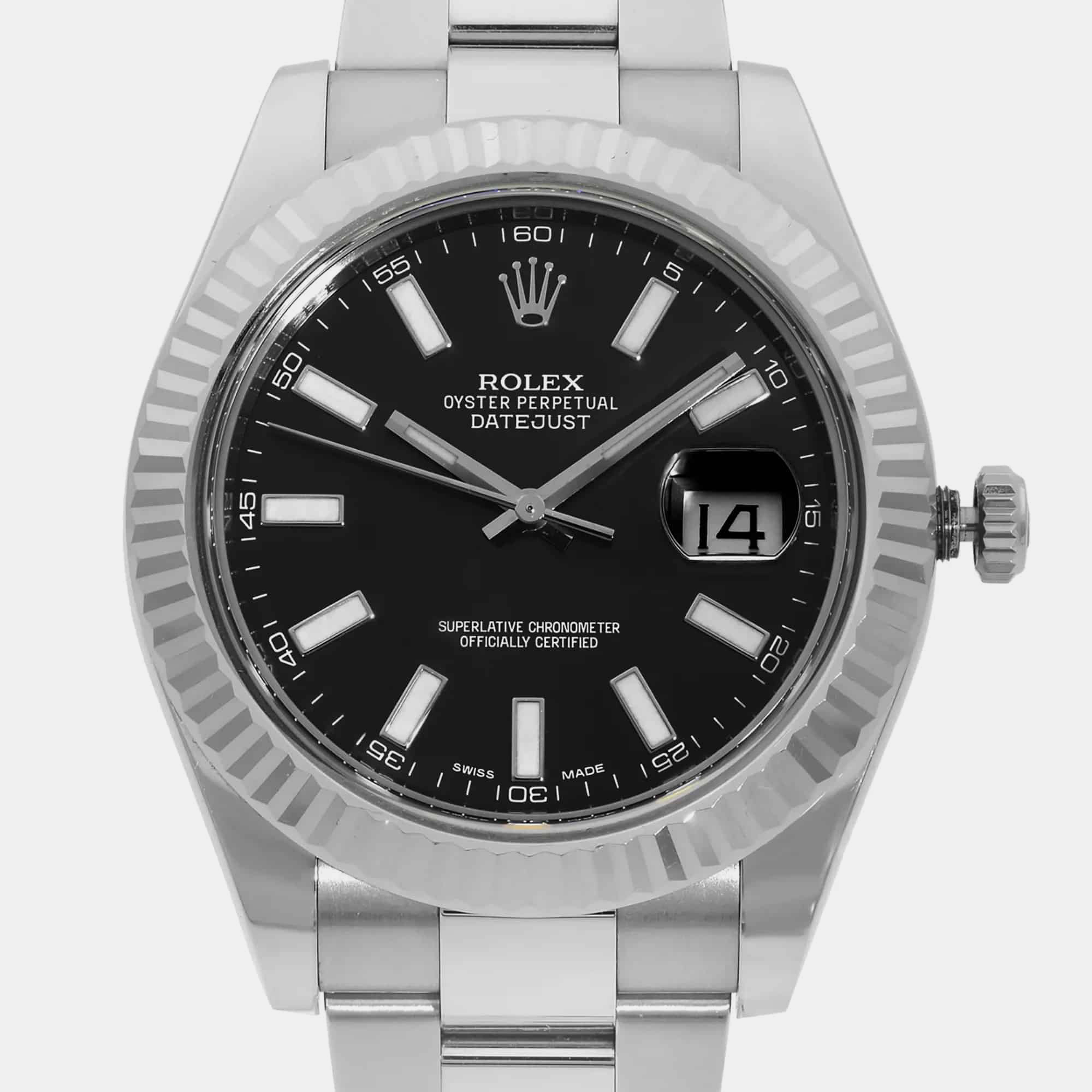 Rolex Black 18k White Gold Stainless Steel Datejust 116334 Automatic Men`s Wristwatch 41 mm 