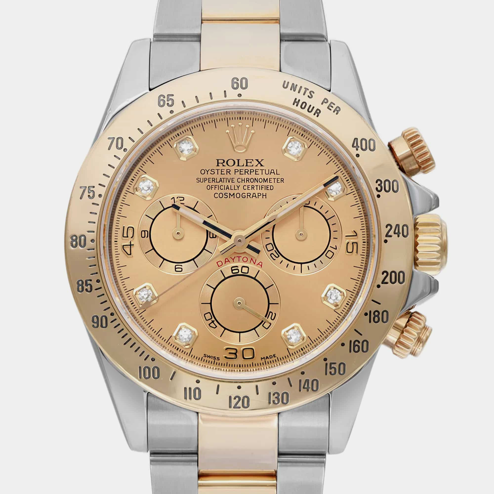 Rolex Champagne Diamond 18K Yellow Gold Stainless Steel Cosmograph Daytona 116523 Automatic Men`s Wristwatch 40 mm 