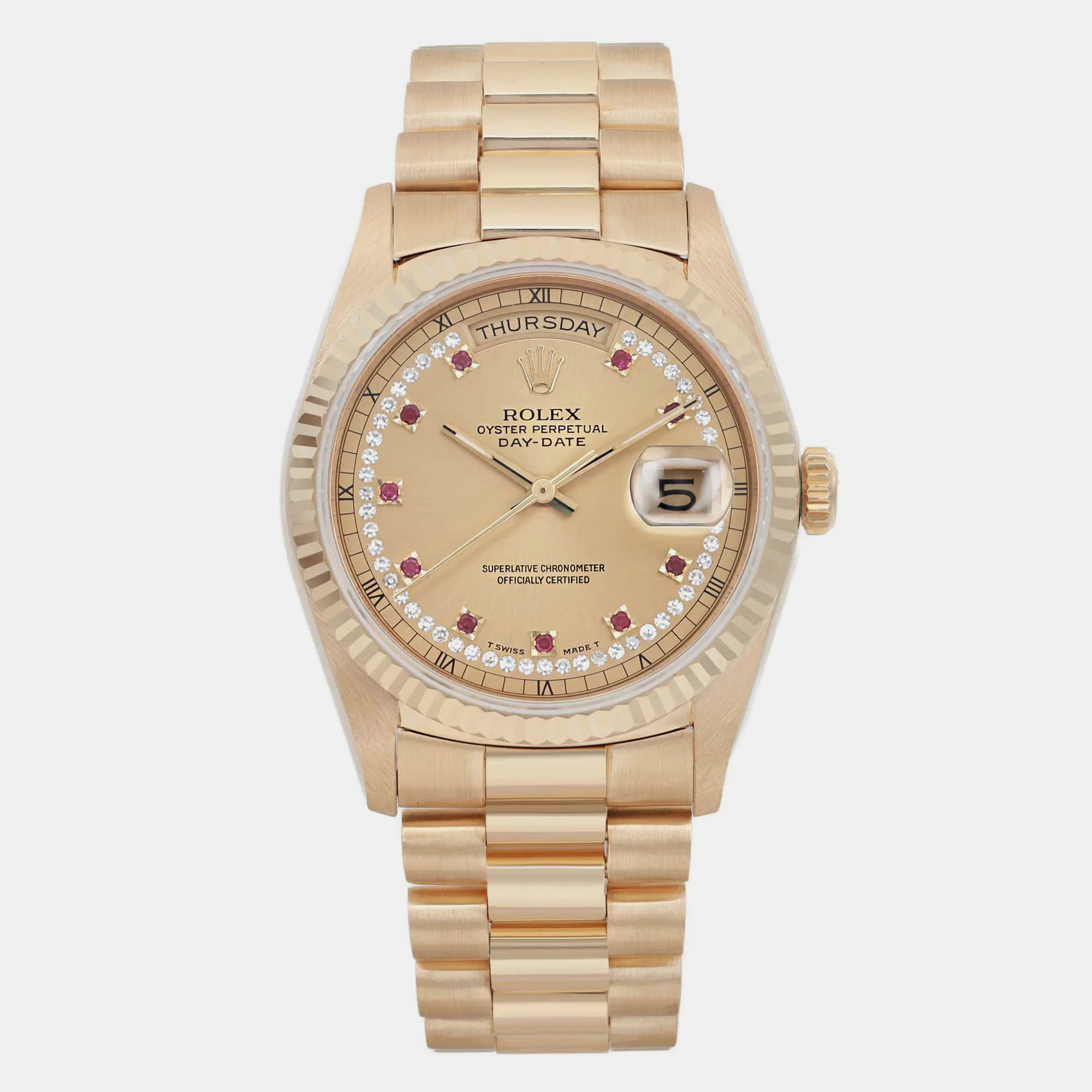 

Rolex Champagne Ruby Diamonds 18K Yellow Gold President Day-Date 18238 Automatic Men's Wristwatch 36 mm