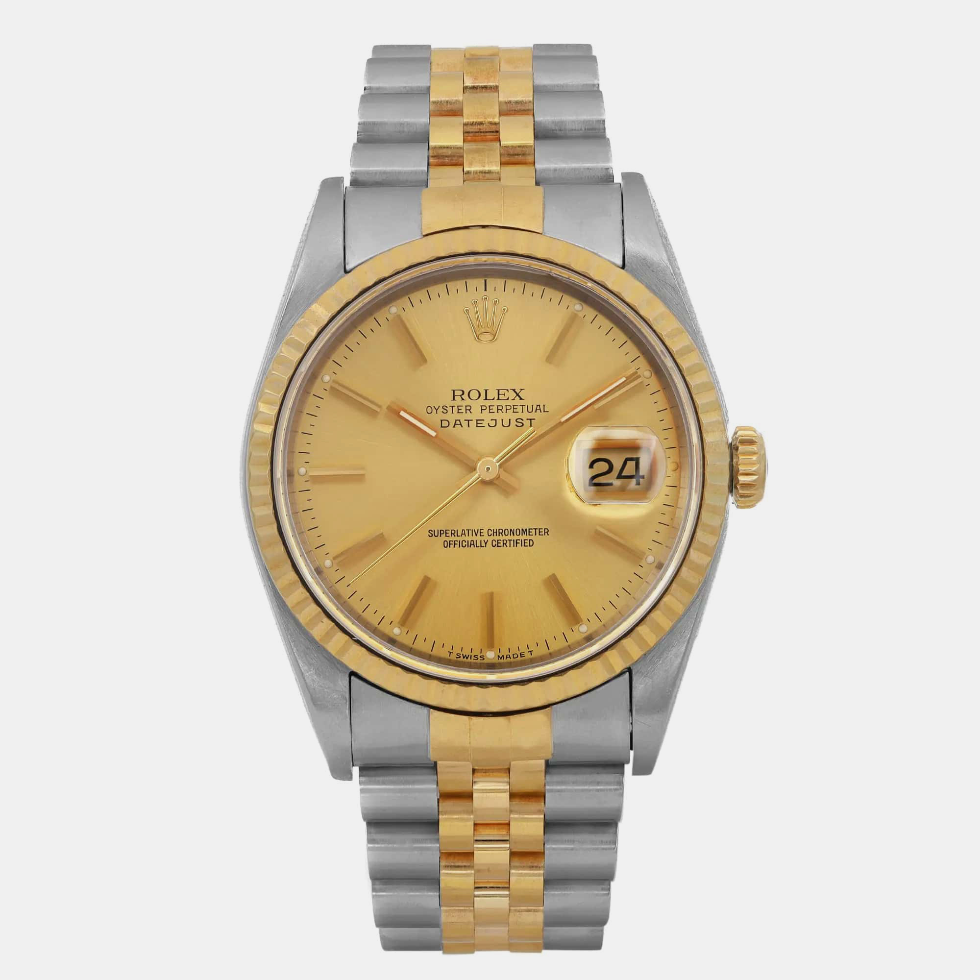 

Rolex Champagne 18K Yellow Gold Stainless Steel Datejust 16233 Automatic Men's Wristwatch 36 mm