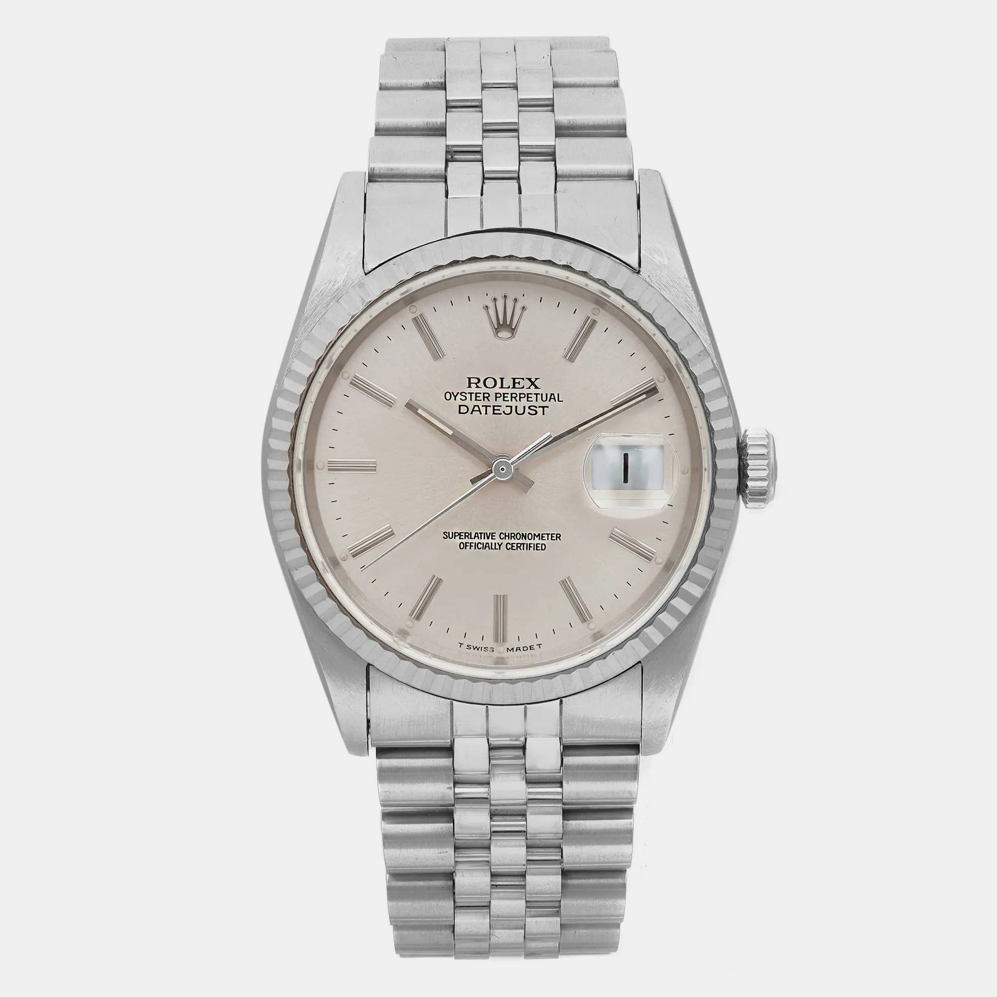 

Rolex Silver 18K White Gold Stainless Steel Datejust 16234 Automatic Men's Wristwatch 36 mm