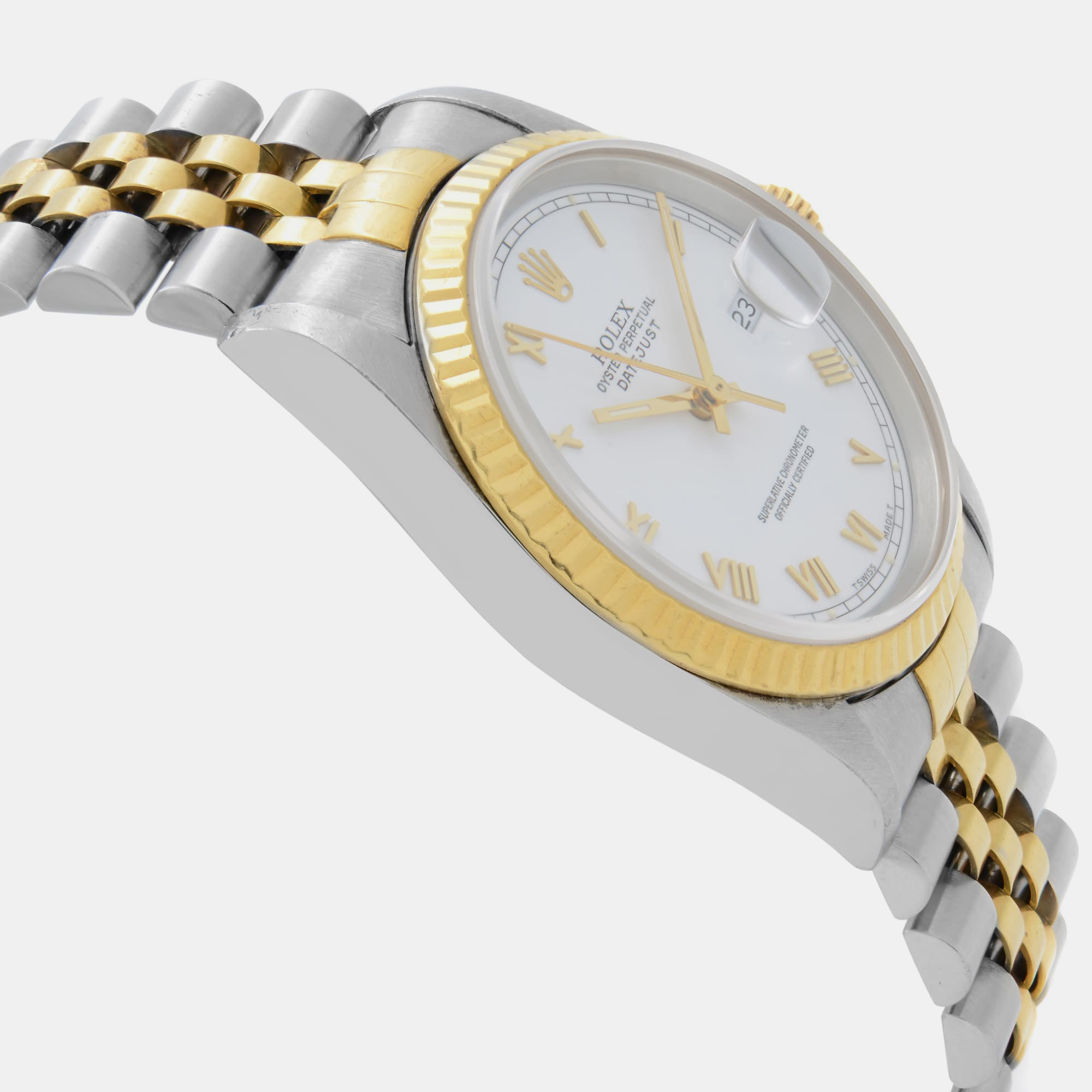 Rolex White 18K Yellow Gold Stainless Steel Datejust Automatic Men`s Wristwatch 36 mm 