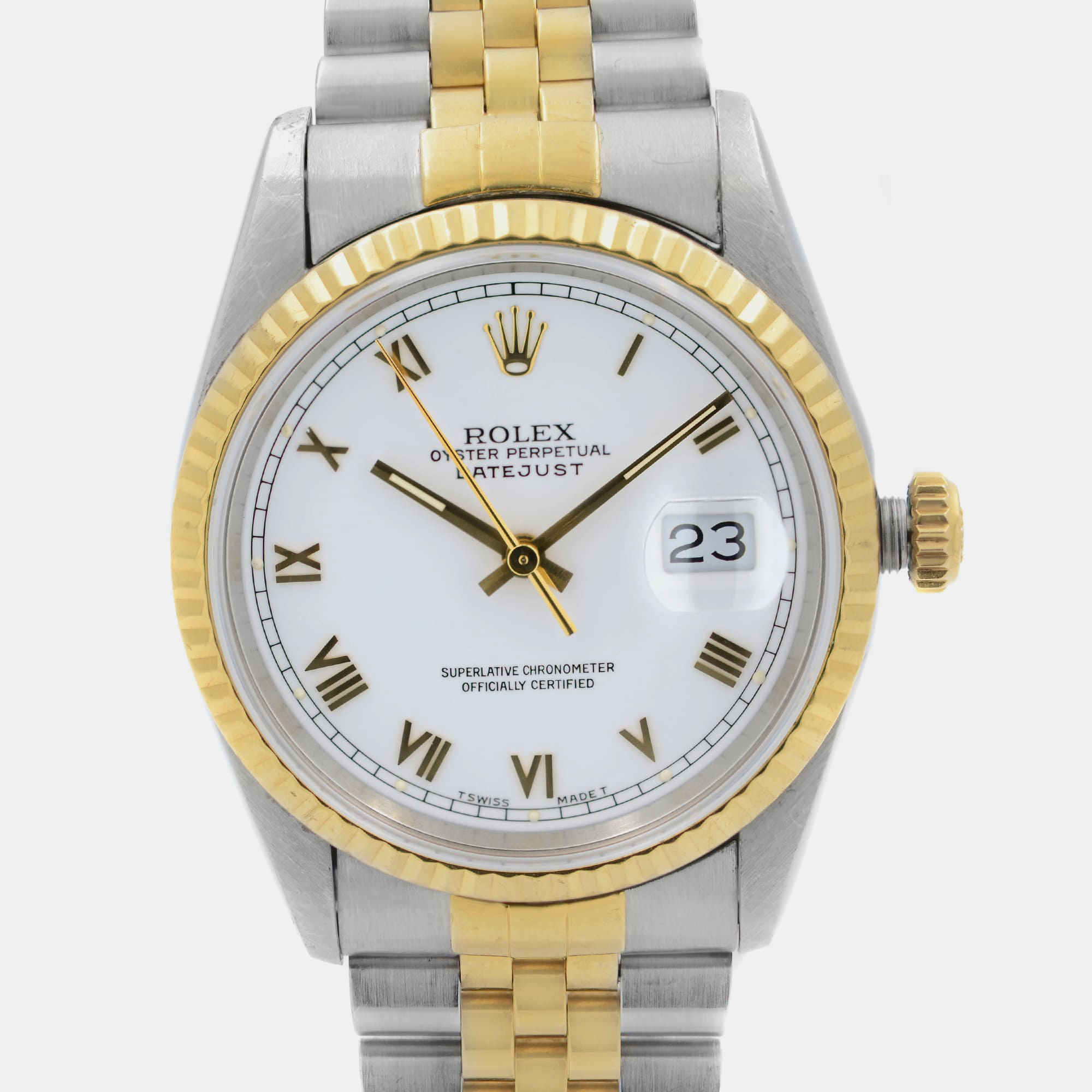 Rolex White 18K Yellow Gold Stainless Steel Datejust Automatic Men`s Wristwatch 36 mm 
