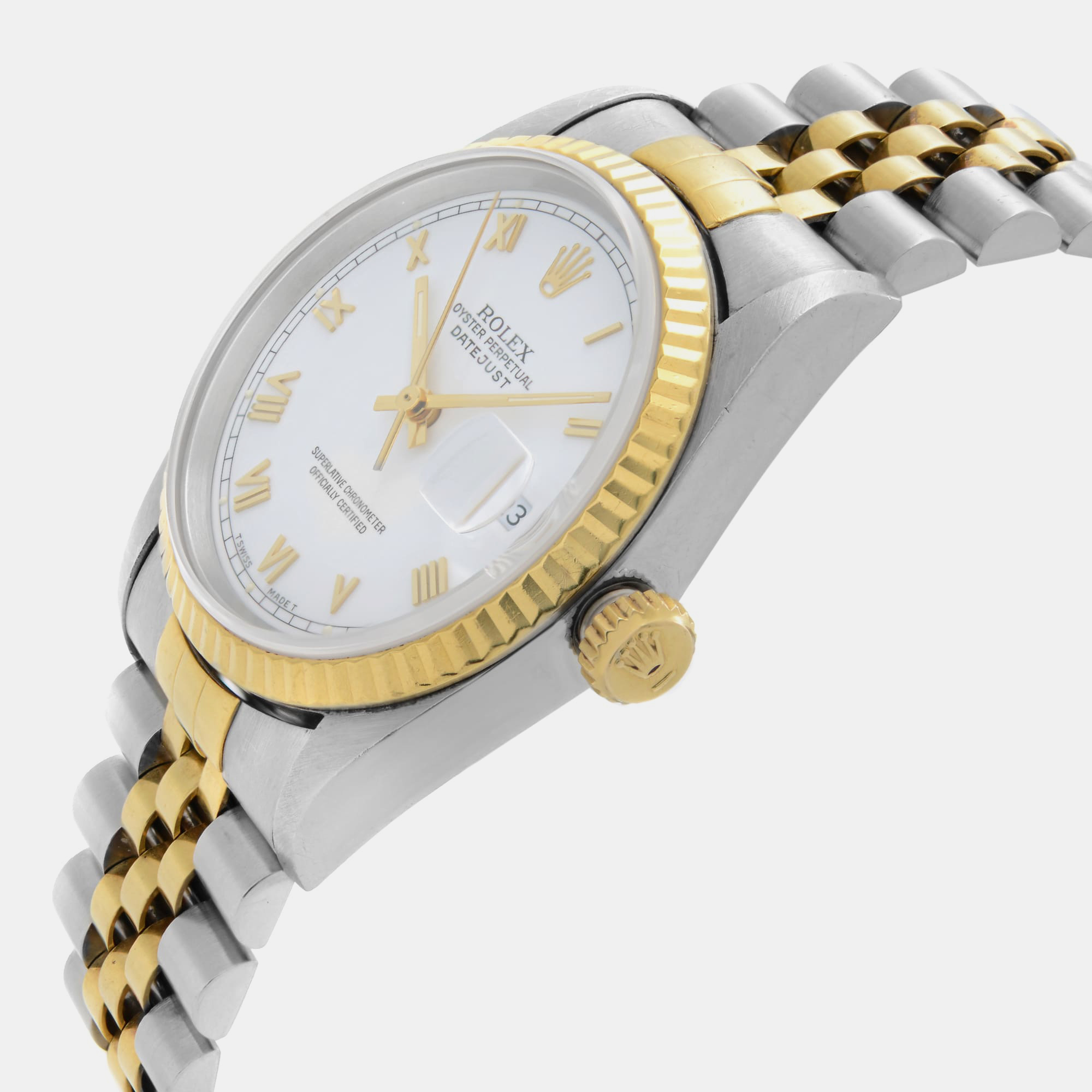 Rolex White 18K Yellow Gold Stainless Steel Datejust Automatic Men`s Wristwatch 36 mm 