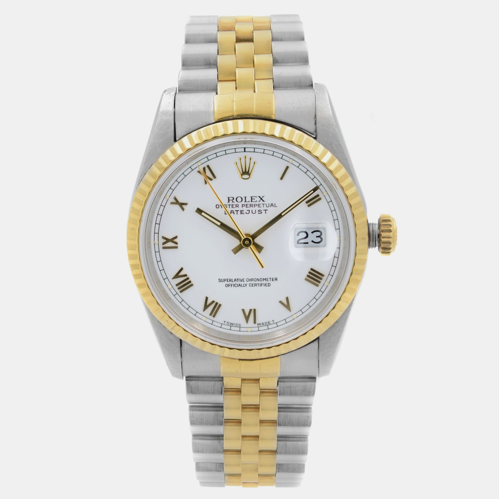 

Rolex White 18K Yellow Gold Stainless Steel Datejust Automatic Men's Wristwatch 36 mm