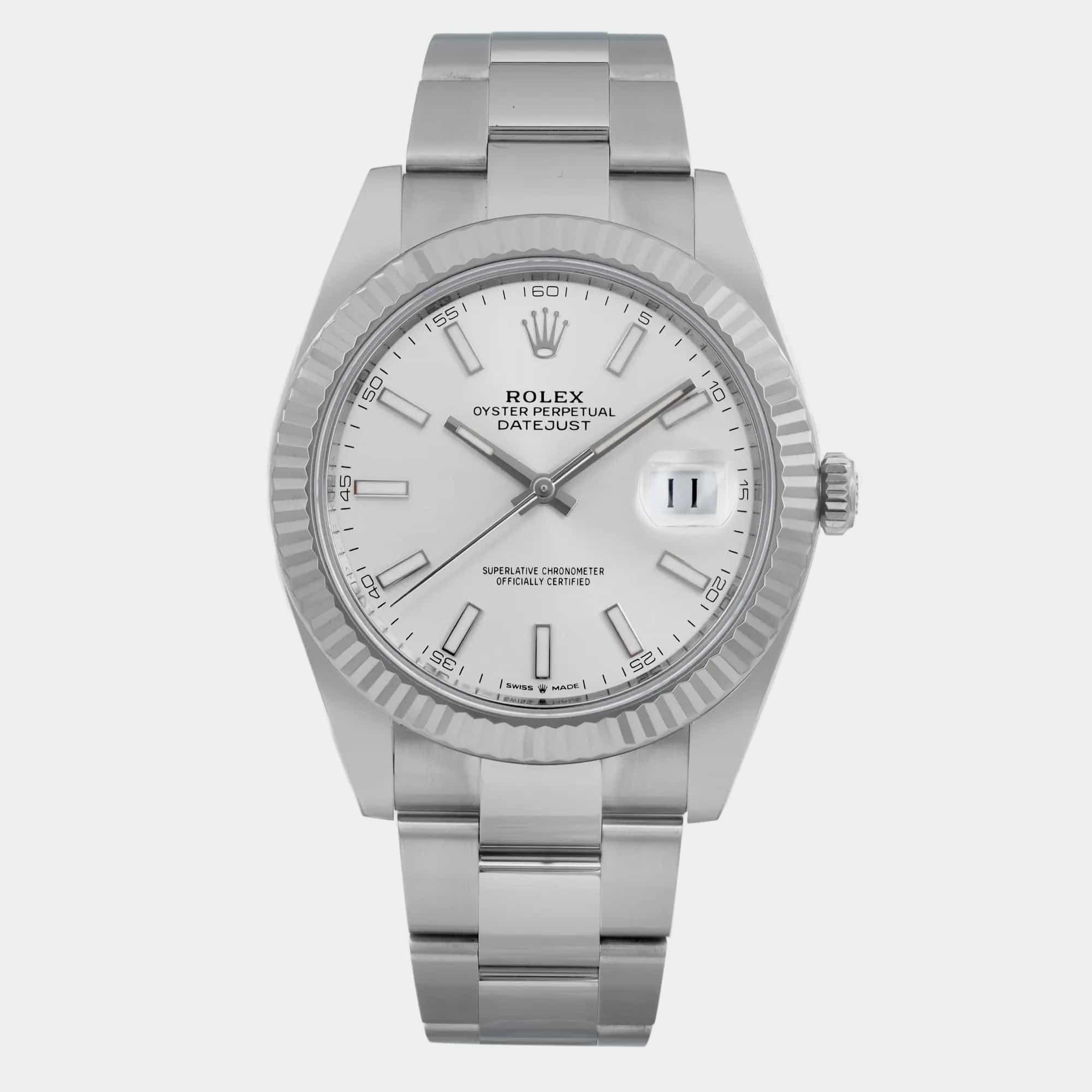 

Rolex White 18K White Gold Stainless Steel Datejust Automatic Men's Wristwatch 41 mm, Silver