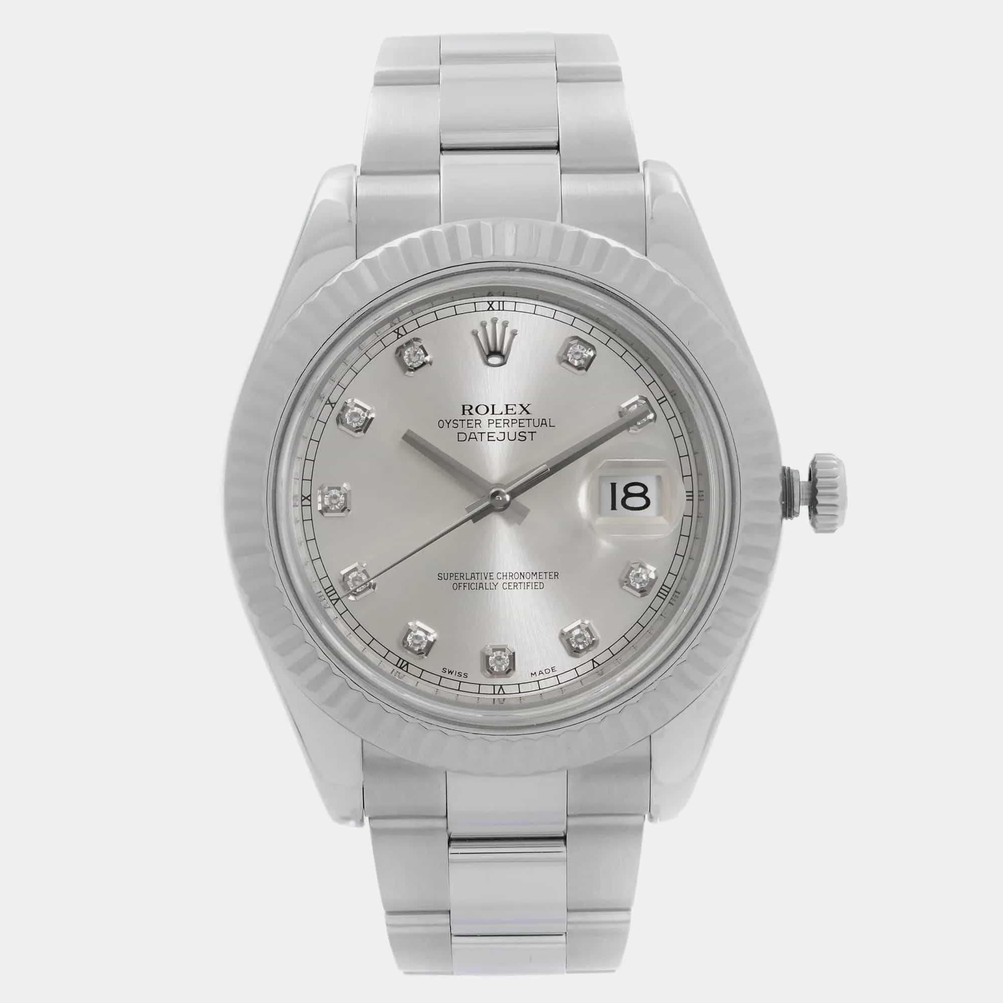 

Rolex Silver Diamond 18k White Gold Stainless Steel Datejust Automatic Men's Wristwatch 41 mm