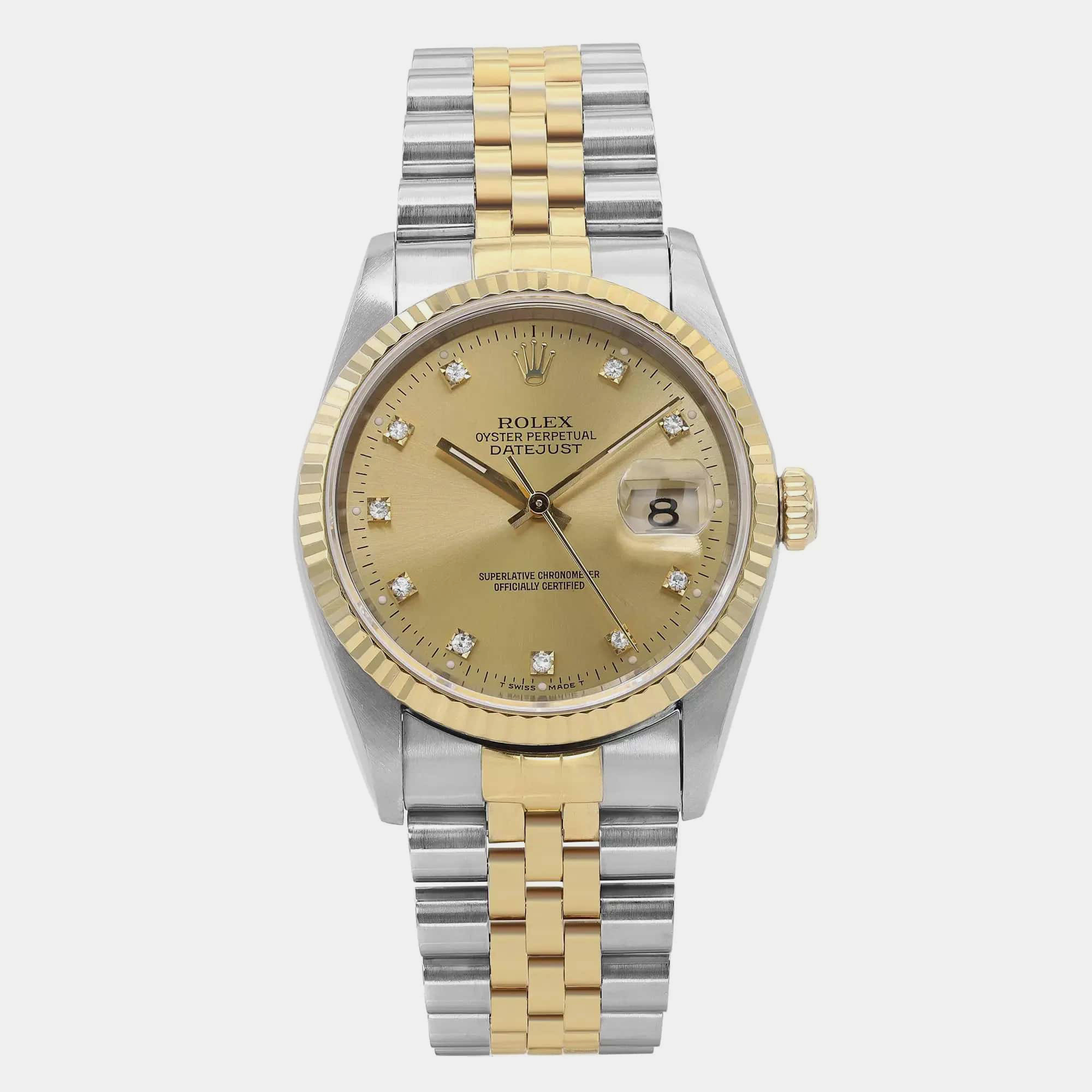 

Rolex Champagne Diamond 18k Yellow Gold Stainless Steel Datejust 16233 Automatic Men's Wristwatch 36 mm