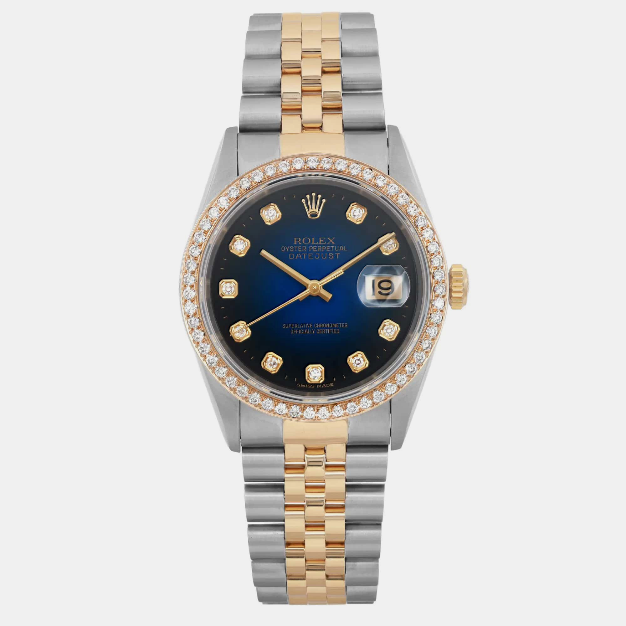 

Rolex Blue Diamond 18k Yellow Gold Stainless Steel Datejust 16233 Automatic Men's Wristwatch 36 mm