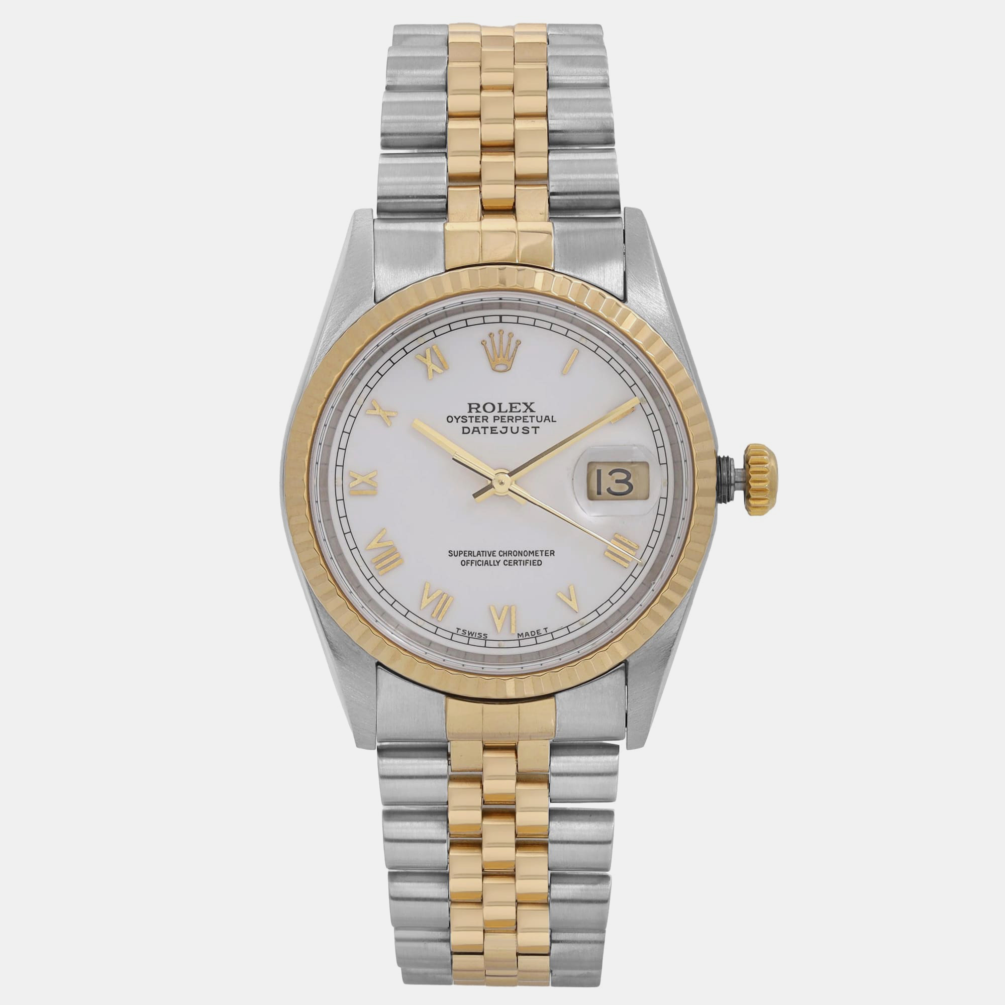 

Rolex Grey 18K Yellow Gold Stainless Steel Datejust 16233 Automatic Men's Wristwatch 36 mm, White