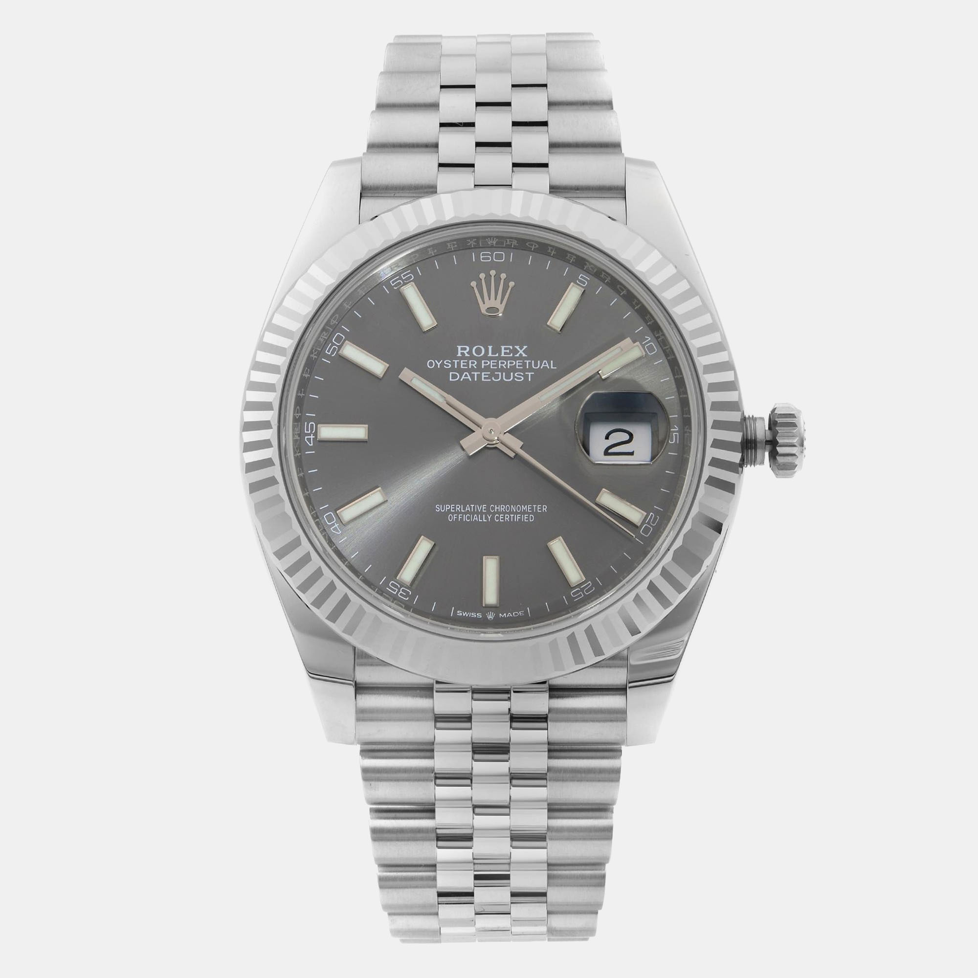 

Rolex Datejust Steel Gold Bezel Jubilee Band Rhodium Dial Men's Watch 41 mm, Grey