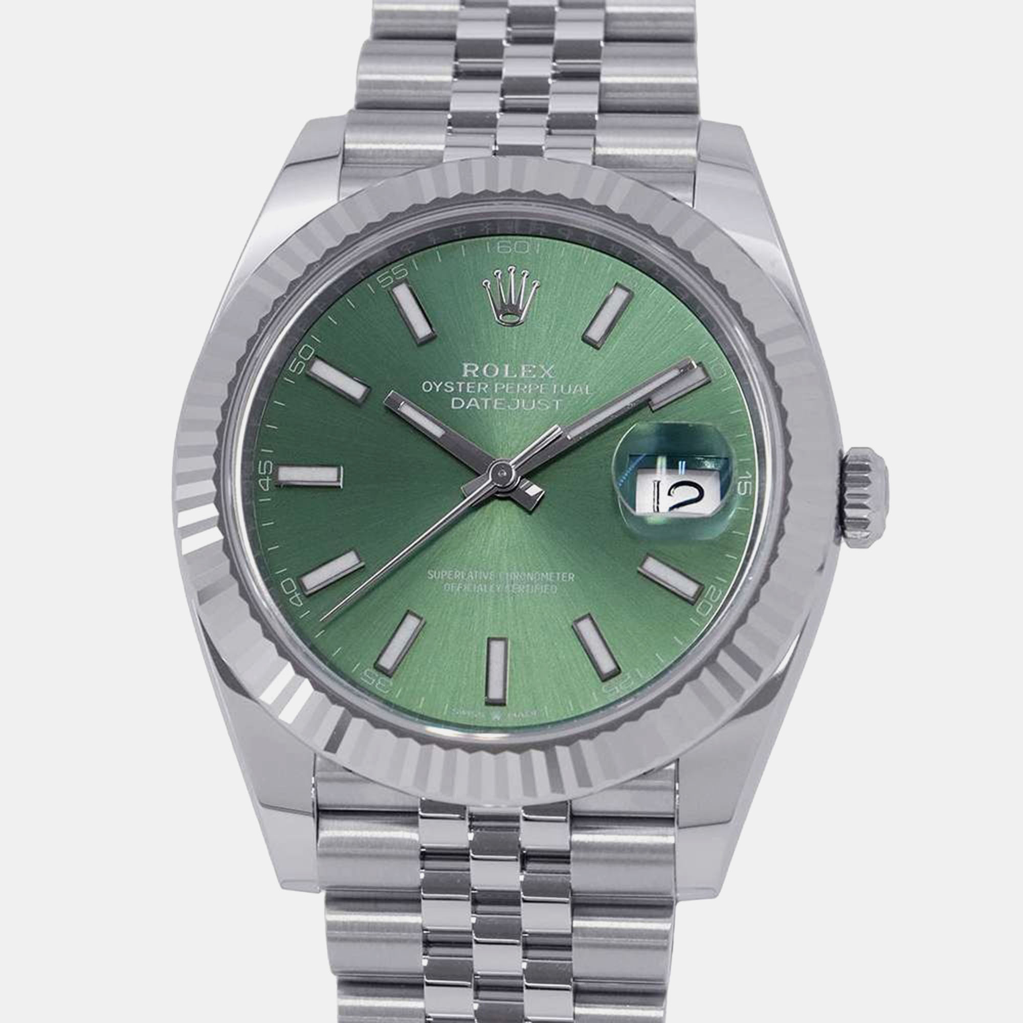 

Rolex Green 18K White Gold Stainless Steel Datejust 126334 Men's Wristwatch