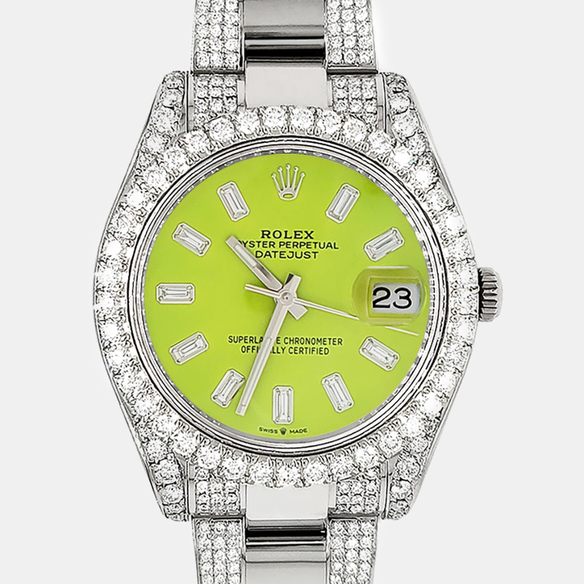 

Rolex 10.3ct pave diamond bezel green baguette diamond dial steel Datejust II 116300 Wristwatch