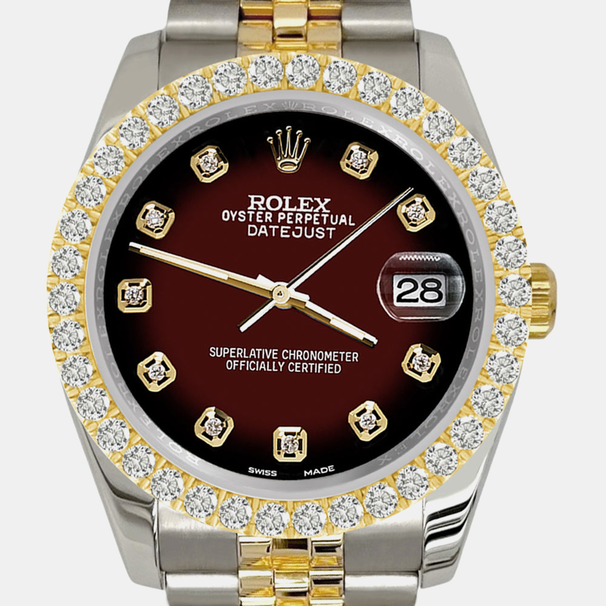 

Rolex datejust 116233  3.05ct diamond bezel maroon vignette dial jubilee Wristwatch, Red