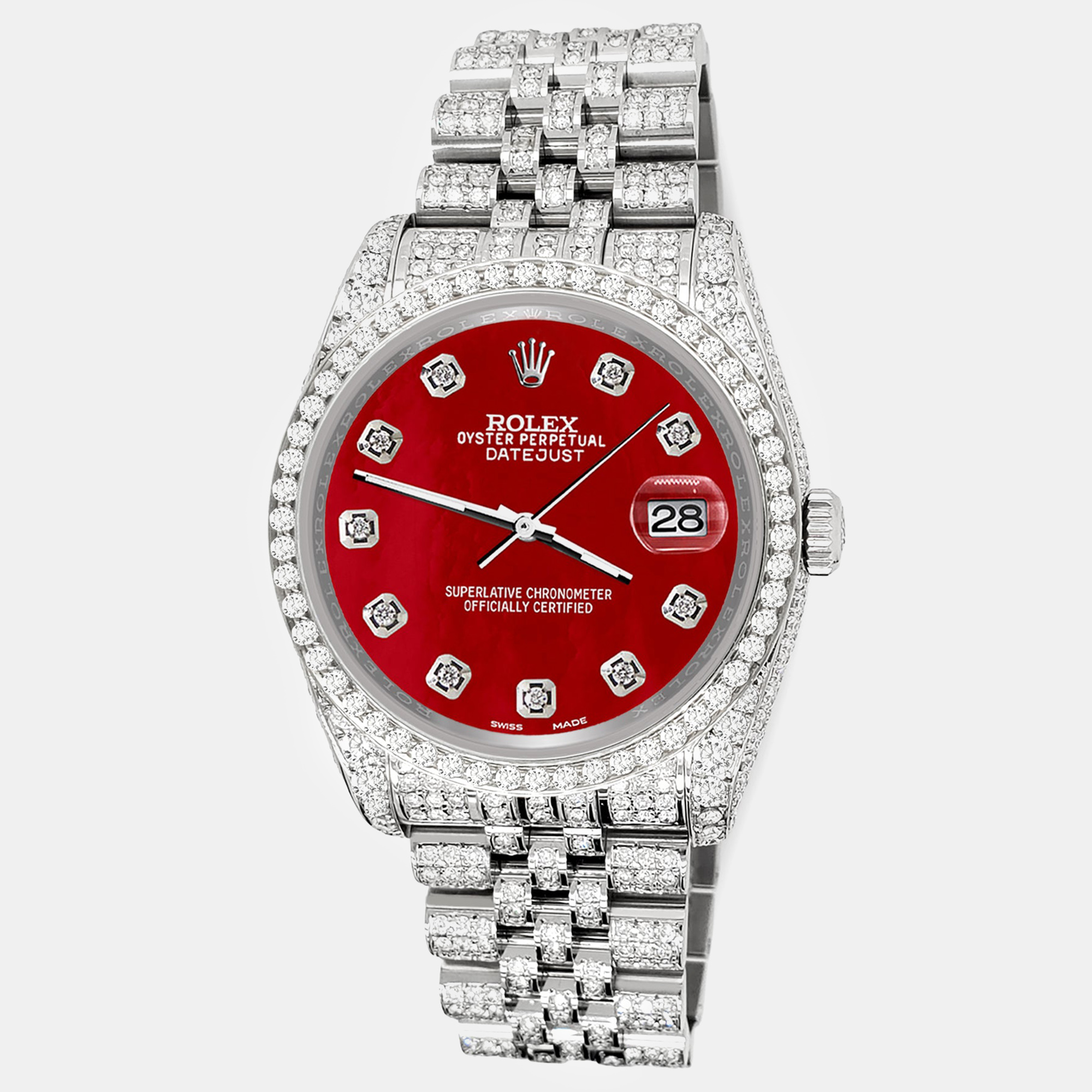 

Rolex datejust  pave 10.2ct iced diamond red mop jubilee Wristwatch 116200