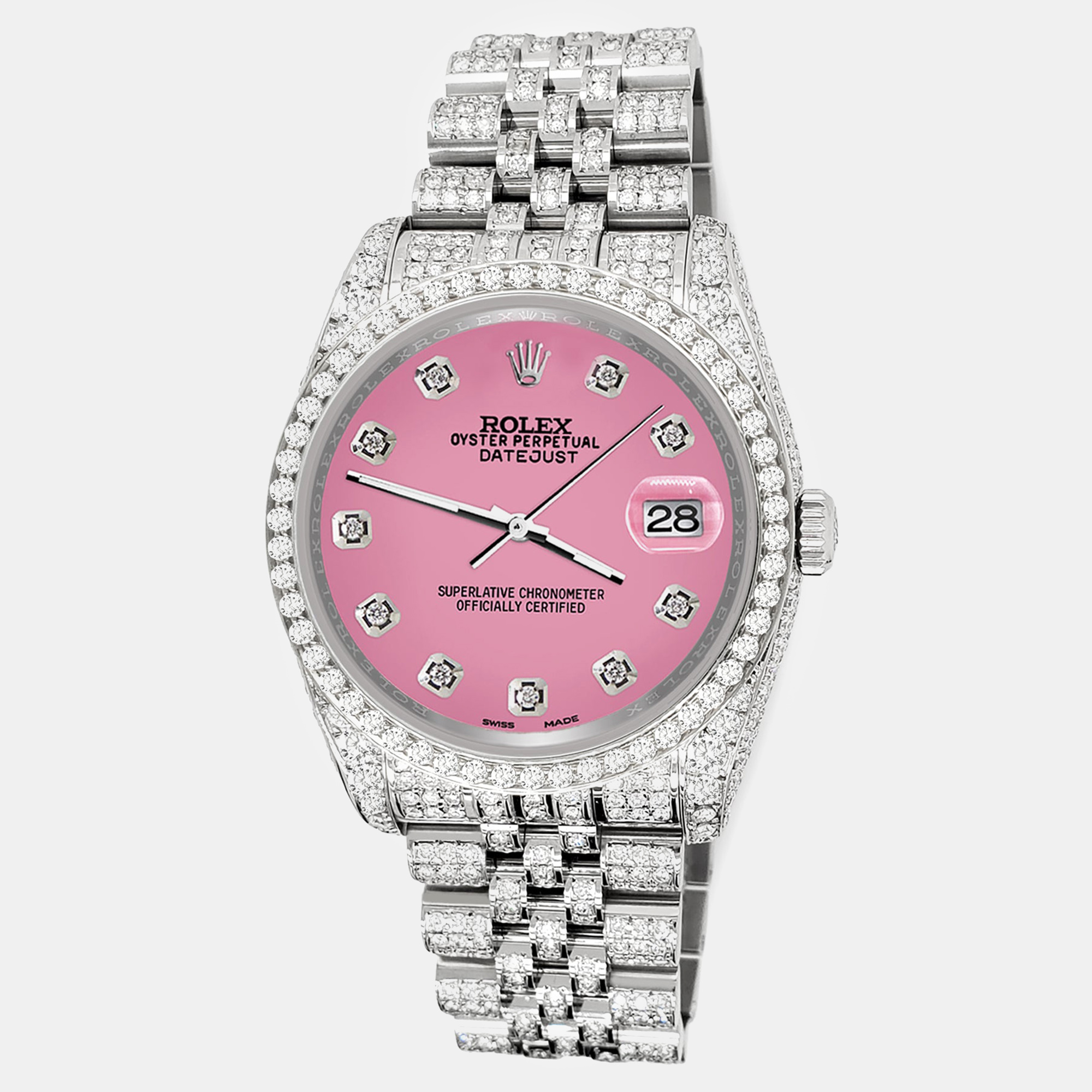 

Rolex Custom Hot Pink 10.2ct Diamonds Stainless Steel Datejust 116200 Automatic Men's Wristwatch