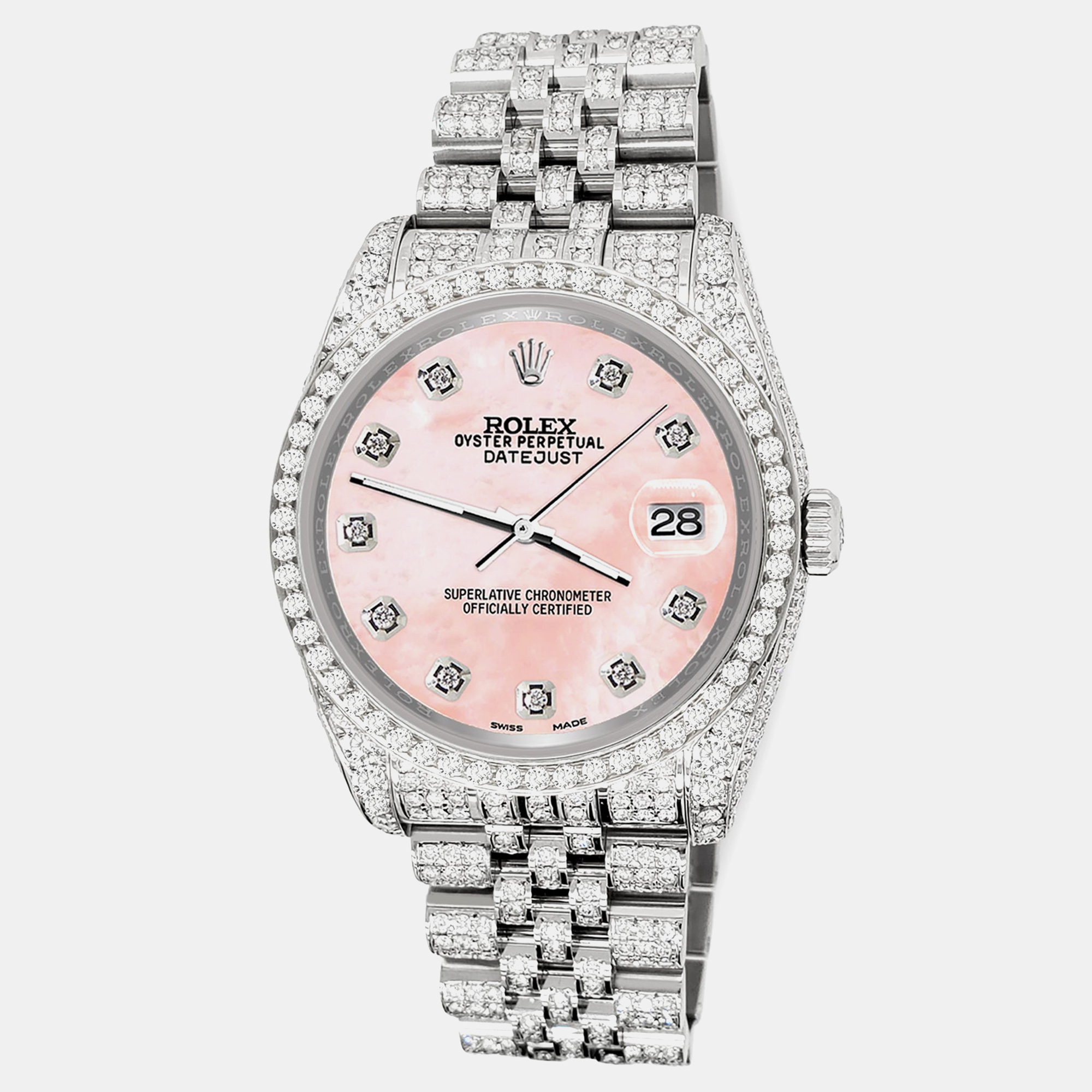 

Rolex datejust  pave 10.2ct iced diamond royal pink mop jubilee Wristwatch 116200